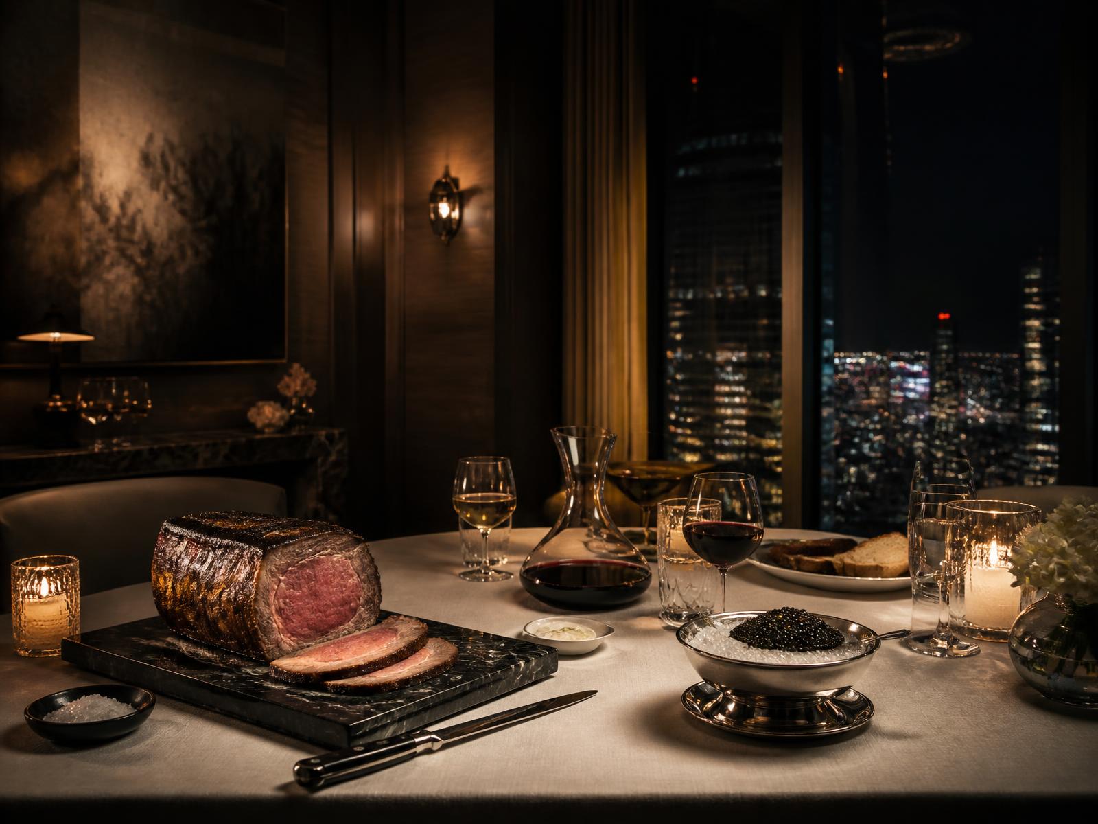 Private dining room table set for a night dinner above a glowing city