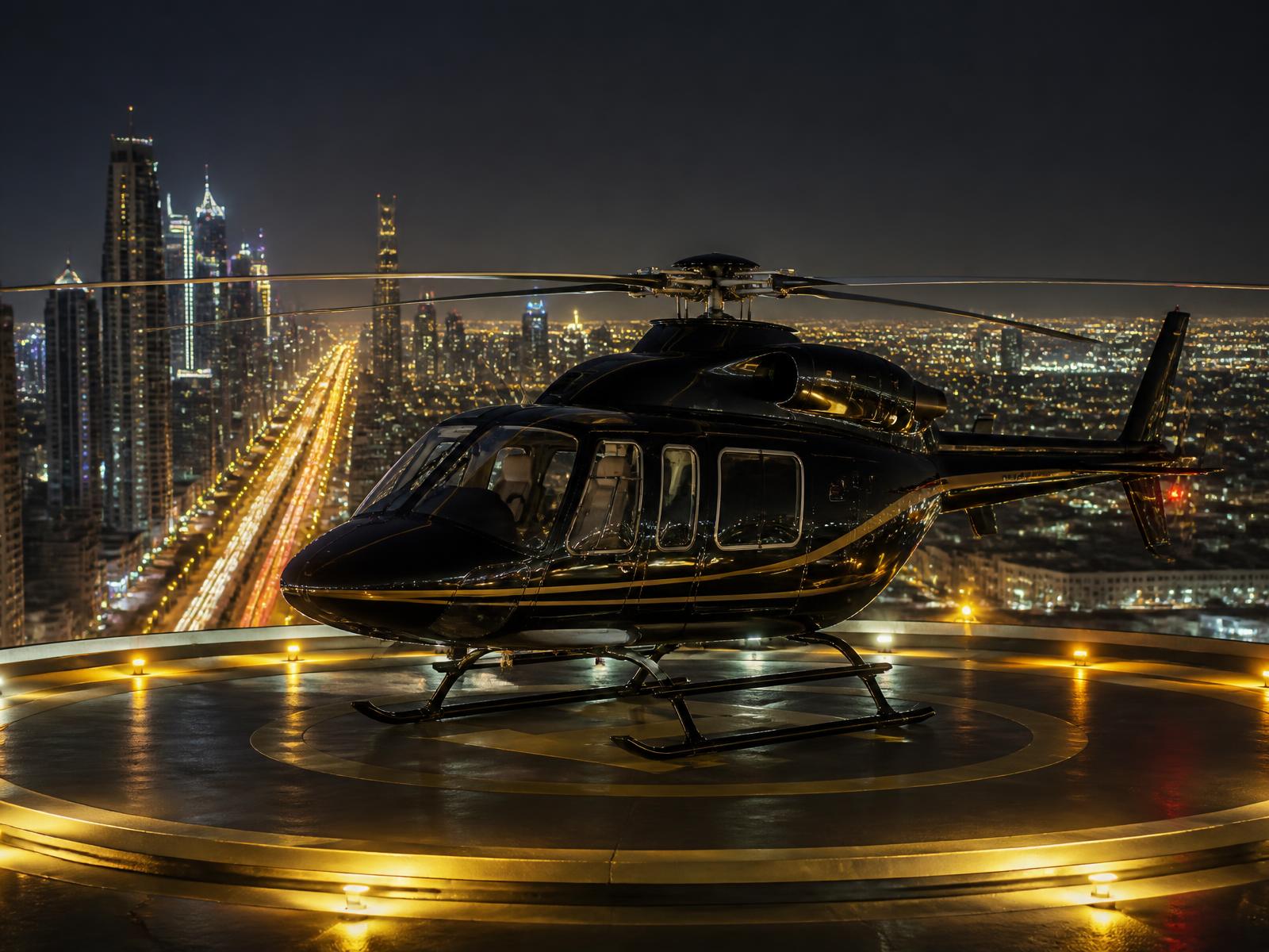 Private helicopter on a rooftop helipad above a glowing city boulevard at night