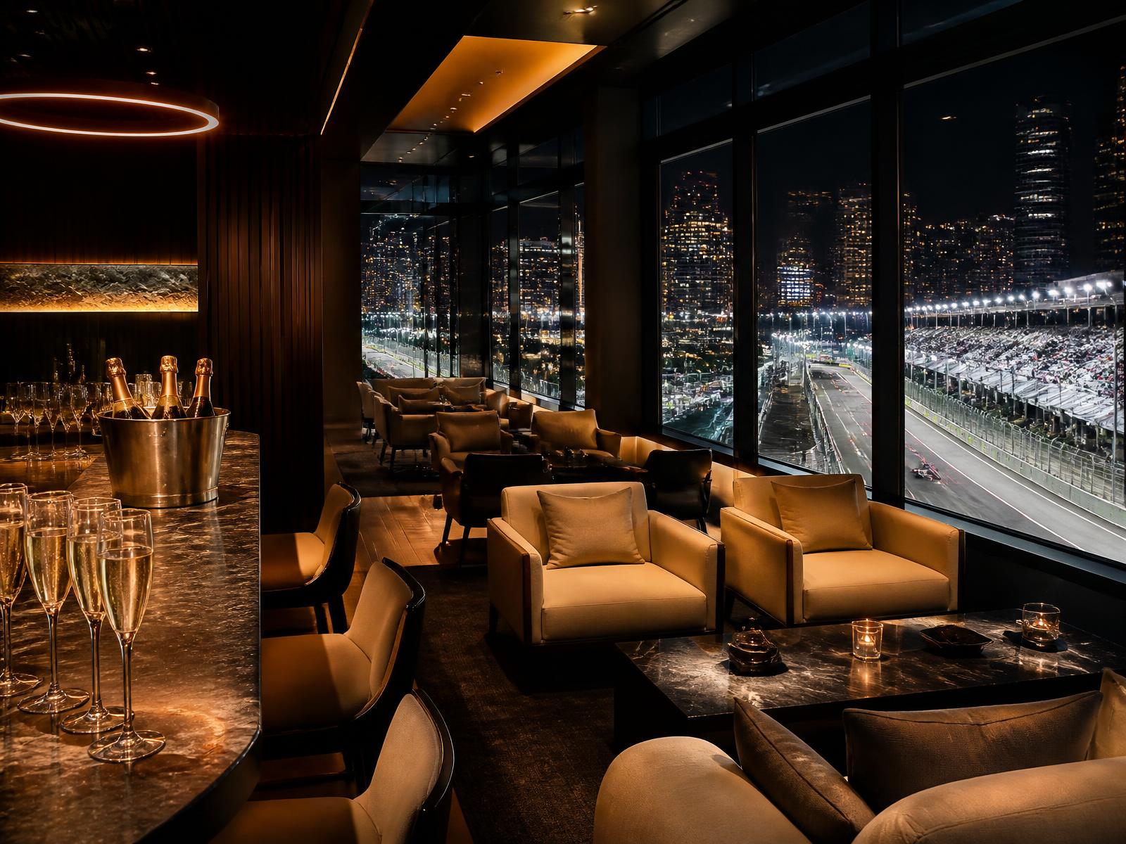 Private hospitality lounge overlooking a floodlit night street circuit