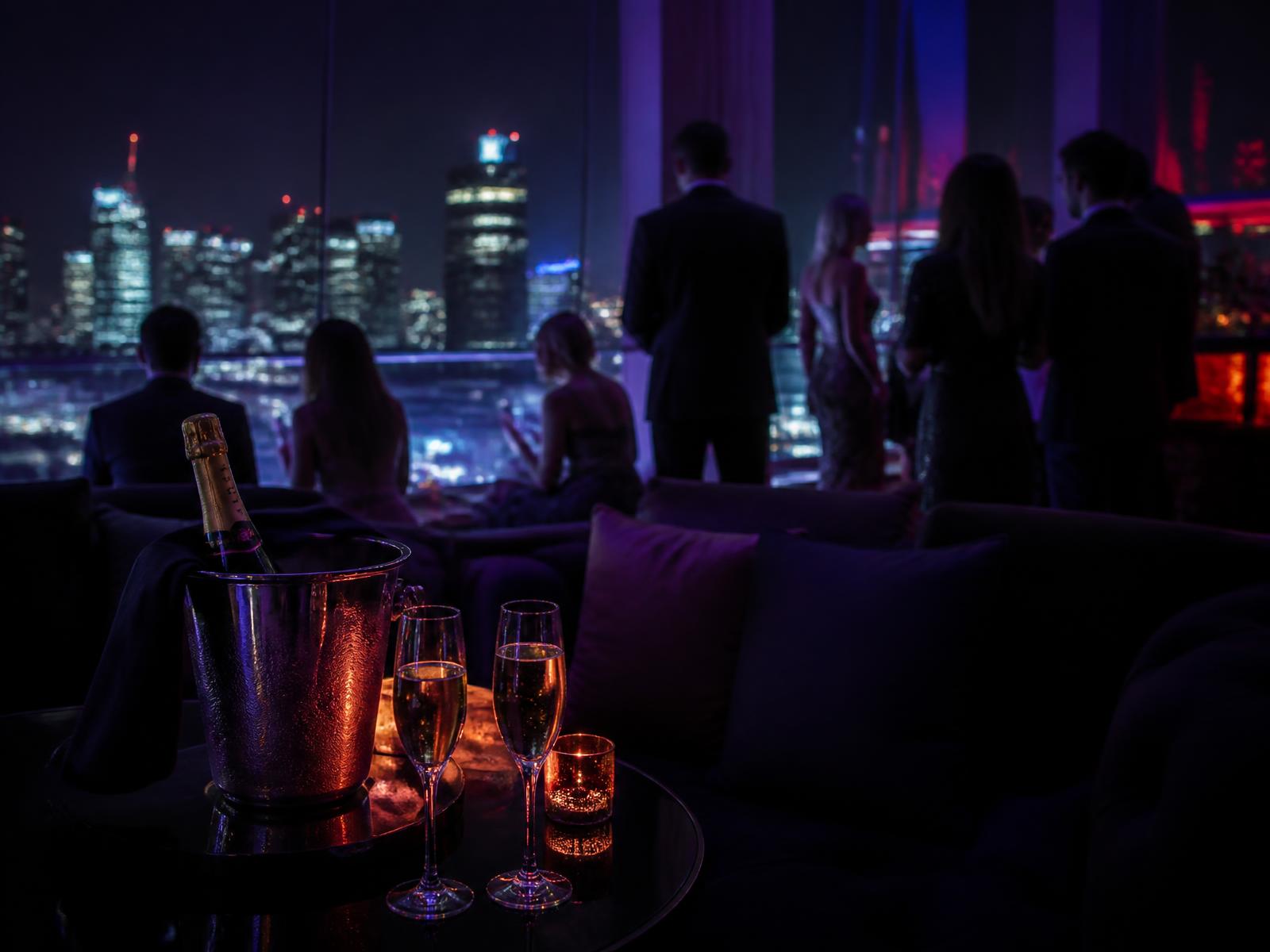 Rooftop lounge private table at night with a glowing skyline beyond