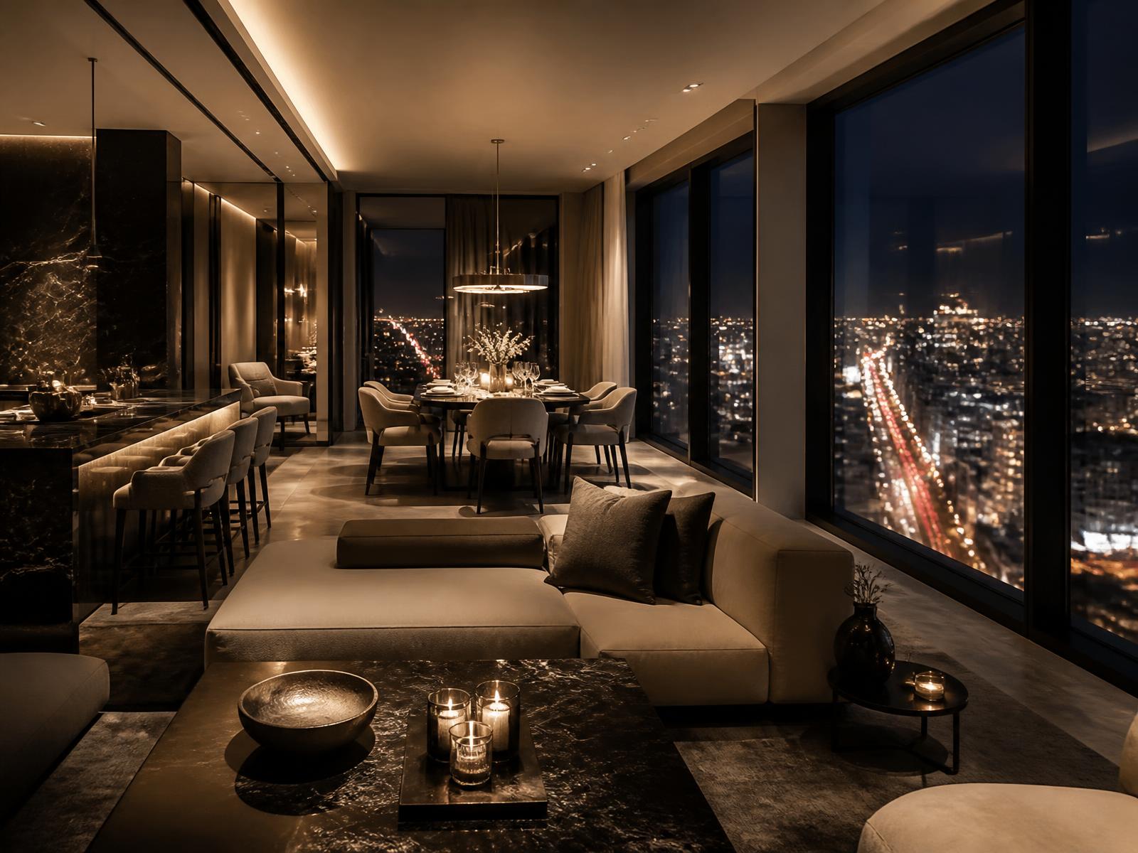 Luxury penthouse suite interior high above a glowing night city boulevard