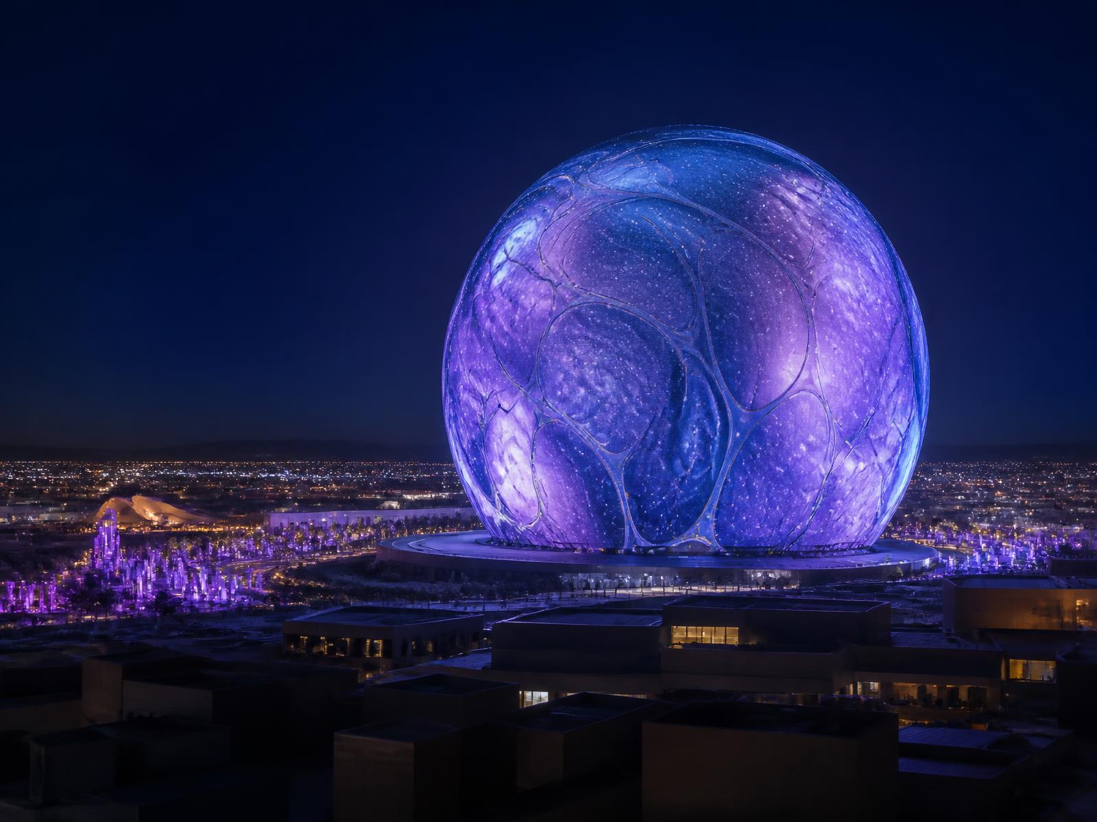 Giant spherical illuminated entertainment venue glowing above a desert city at night