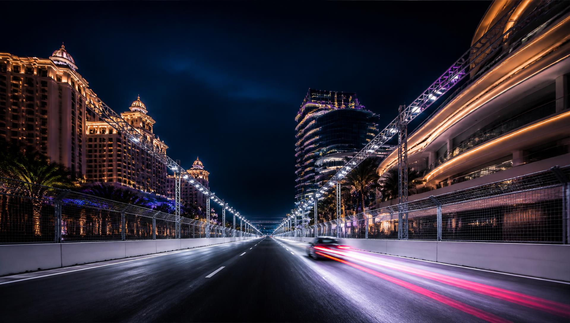 Long floodlit boulevard straight used as a racing circuit, resorts glowing on both sides