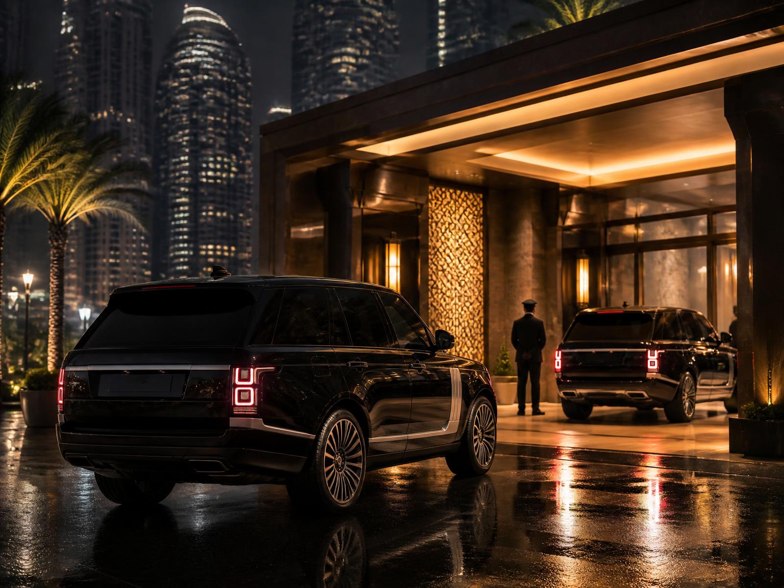 Black luxury SUVs waiting at a lit resort entrance at night
