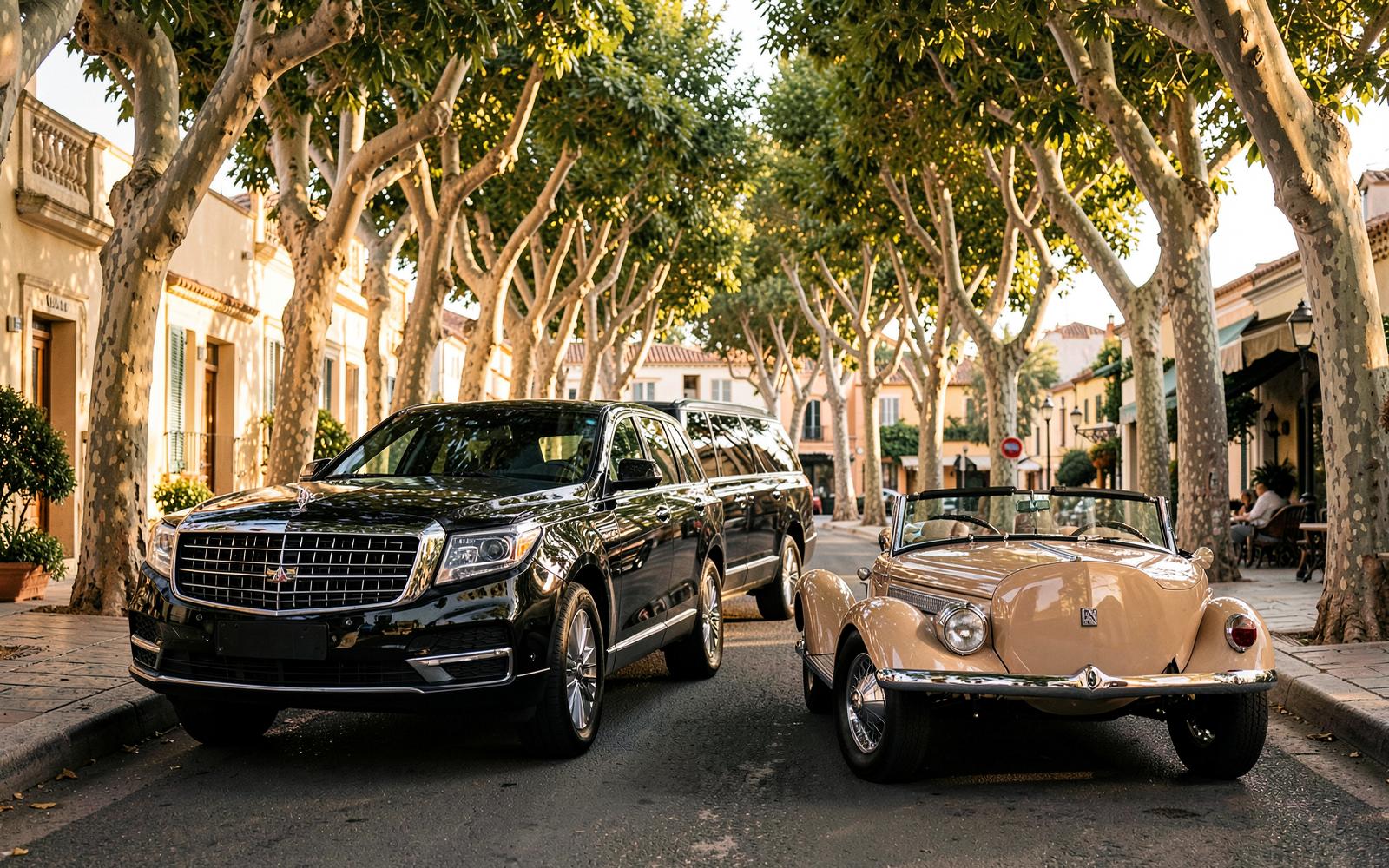 Chauffeured luxury SUV and a convertible parked on a plane-tree-lined Saint-Tropez street