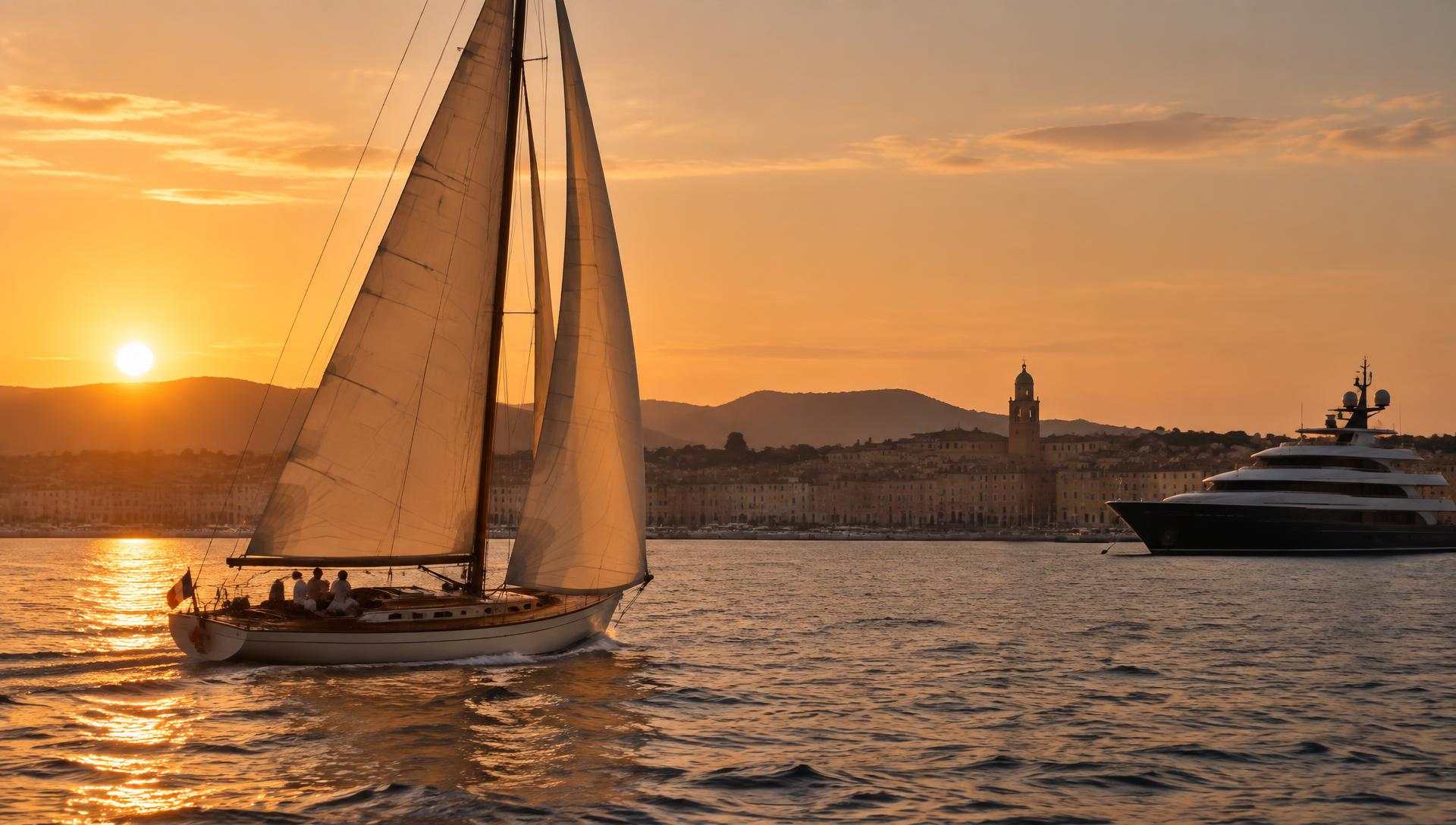 Classic sailing yacht returning toward Saint-Tropez at sunset with a motor yacht anchored offshore