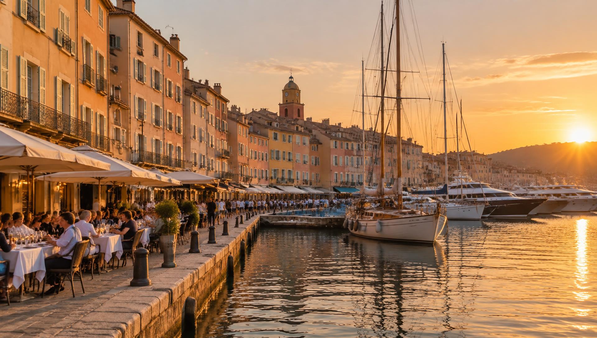 The old port of Saint-Tropez at golden hour with quayside terraces and yacht masts
