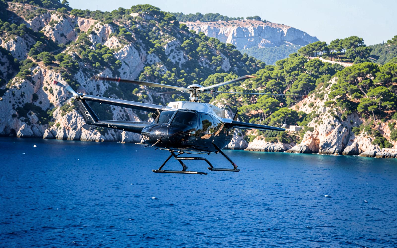 Private helicopter flying low over the Mediterranean along the French Riviera coast