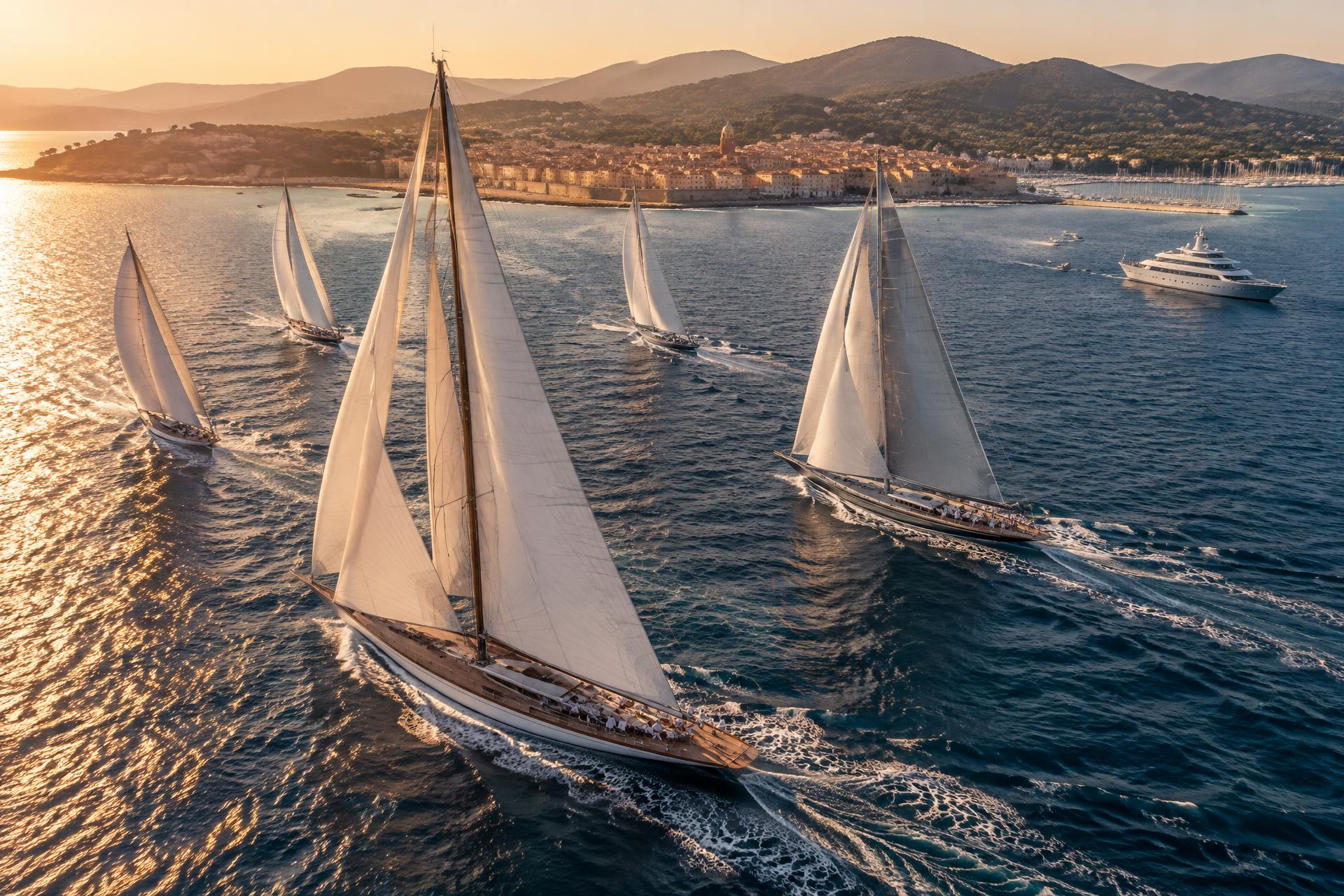Classic and modern sailing yachts racing under full sail in the Gulf of Saint-Tropez at golden hour, with the village and an anchored motor yacht in the distance