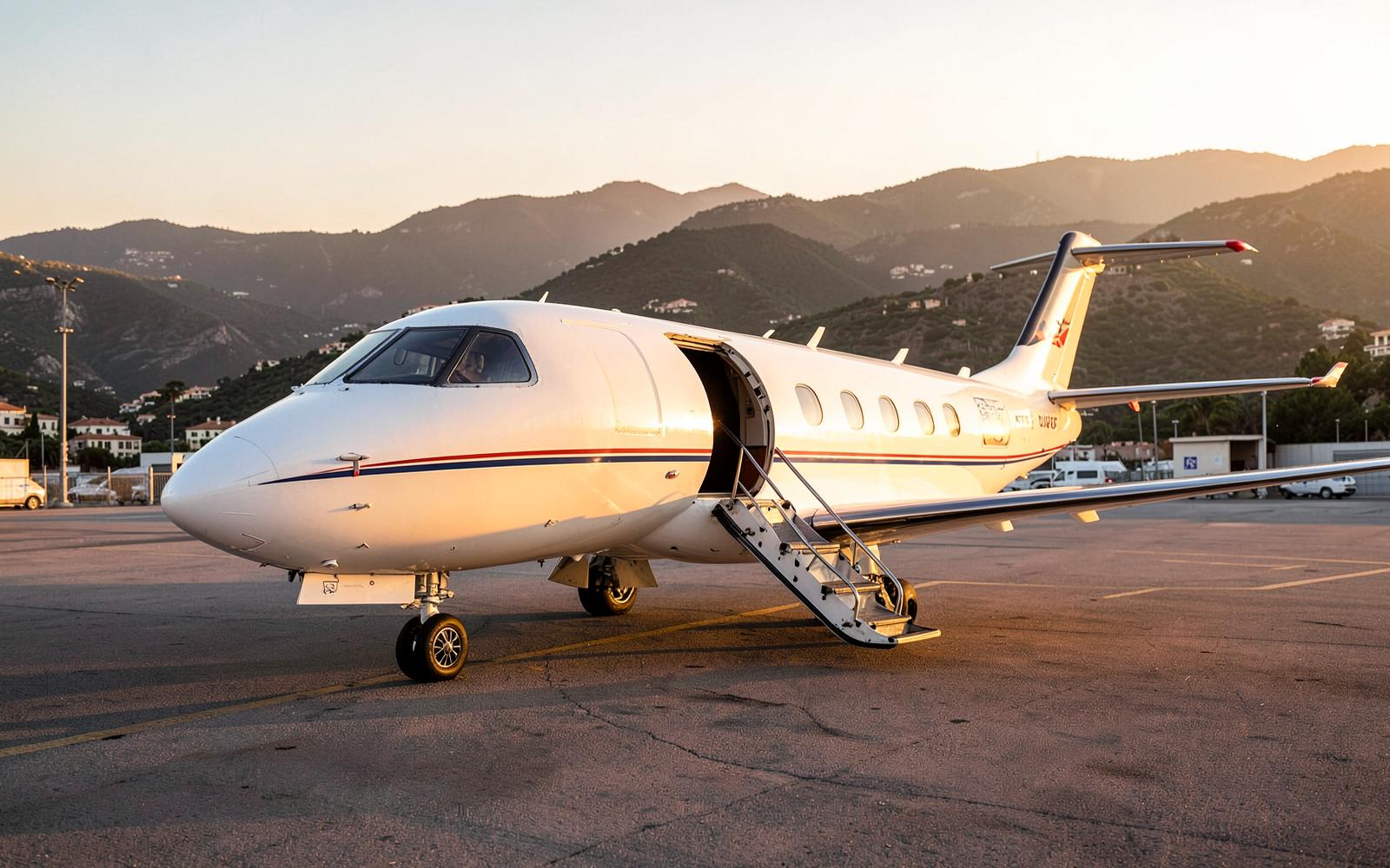 Private jet on the tarmac of a Côte d'Azur airport at golden hour