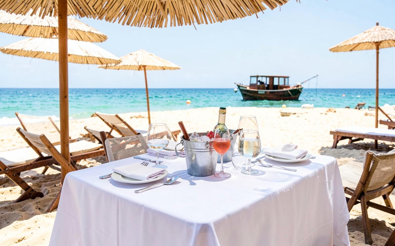 Beach club lunch table set on the sand at Pampelonne with turquoise sea beyond