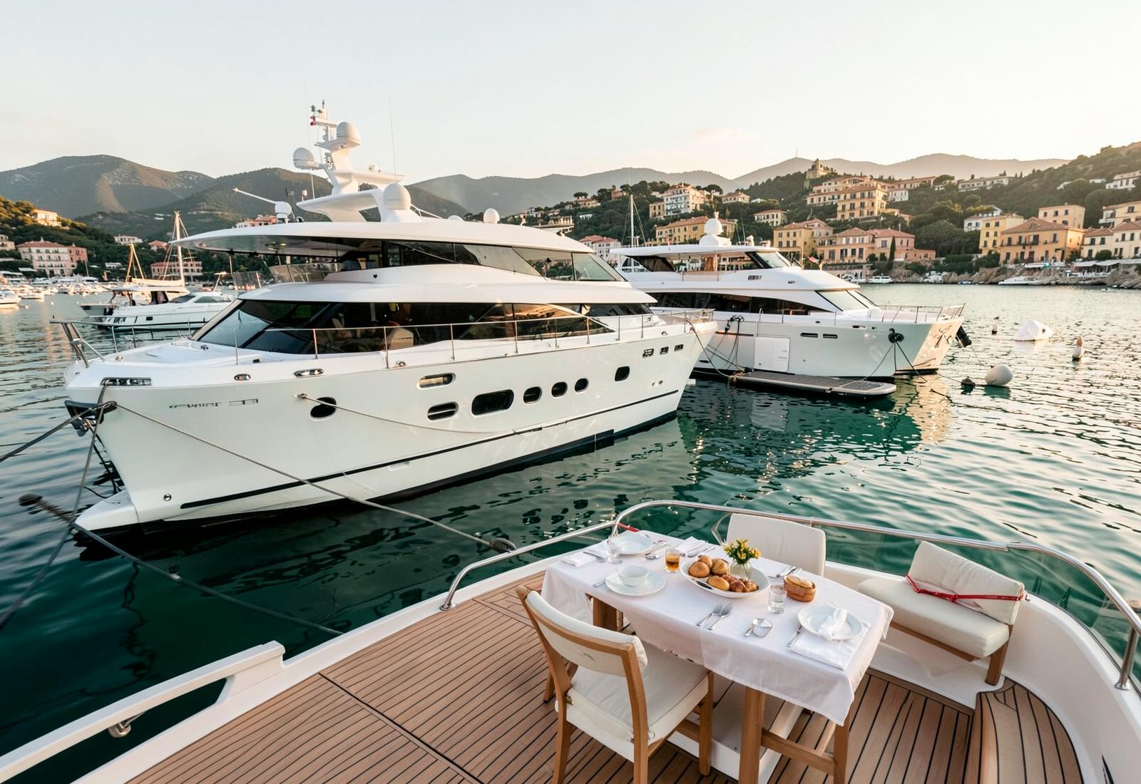 Breakfast laid on the deck of a superyacht anchored in a calm bay near Saint-Tropez at sunrise