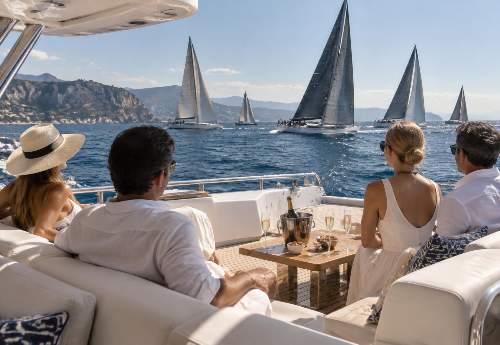 Guests on the aft deck of a luxury motor yacht watching sailing yachts race across the Gulf of Saint-Tropez