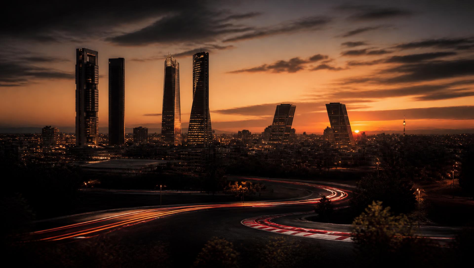 Madrid skyline at sunset with light trails sweeping through the foreground
