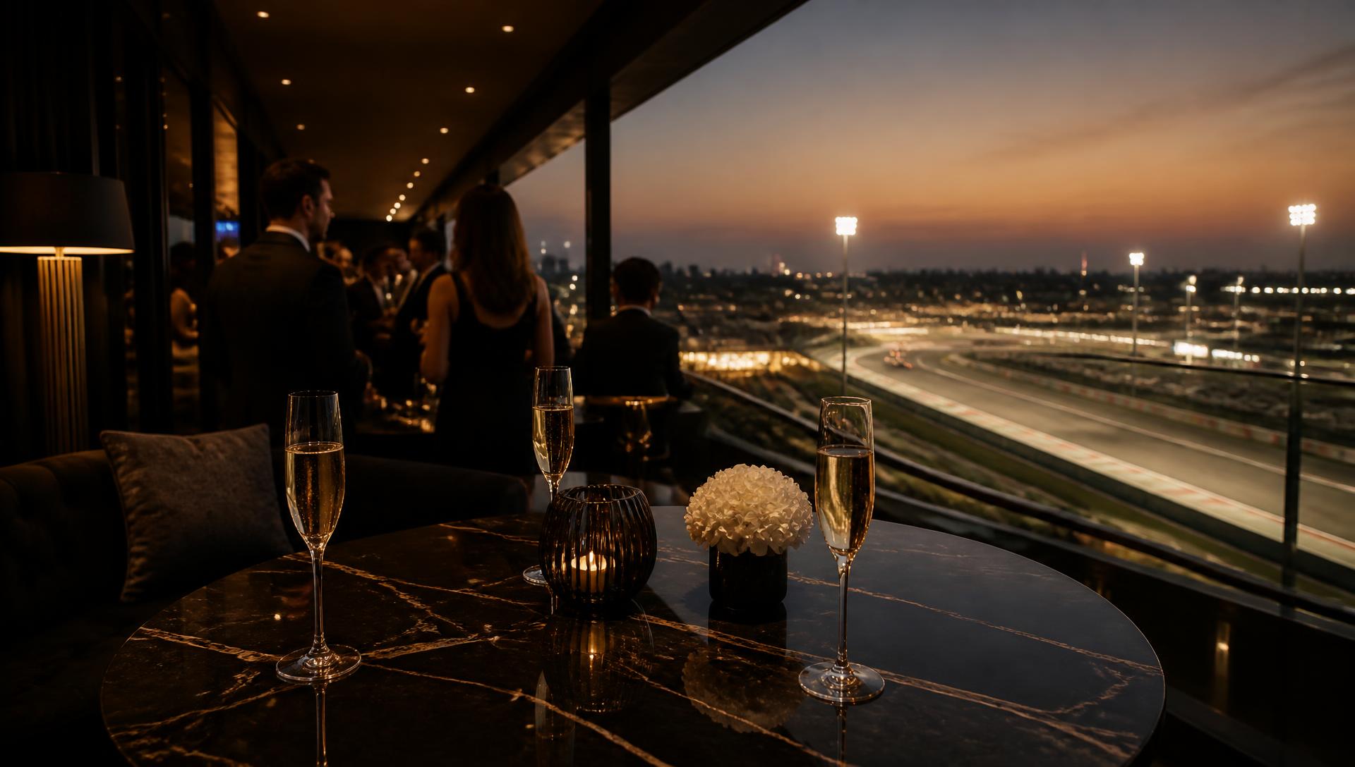 Guests in a candlelit hospitality lounge overlooking a floodlit racing circuit at dusk