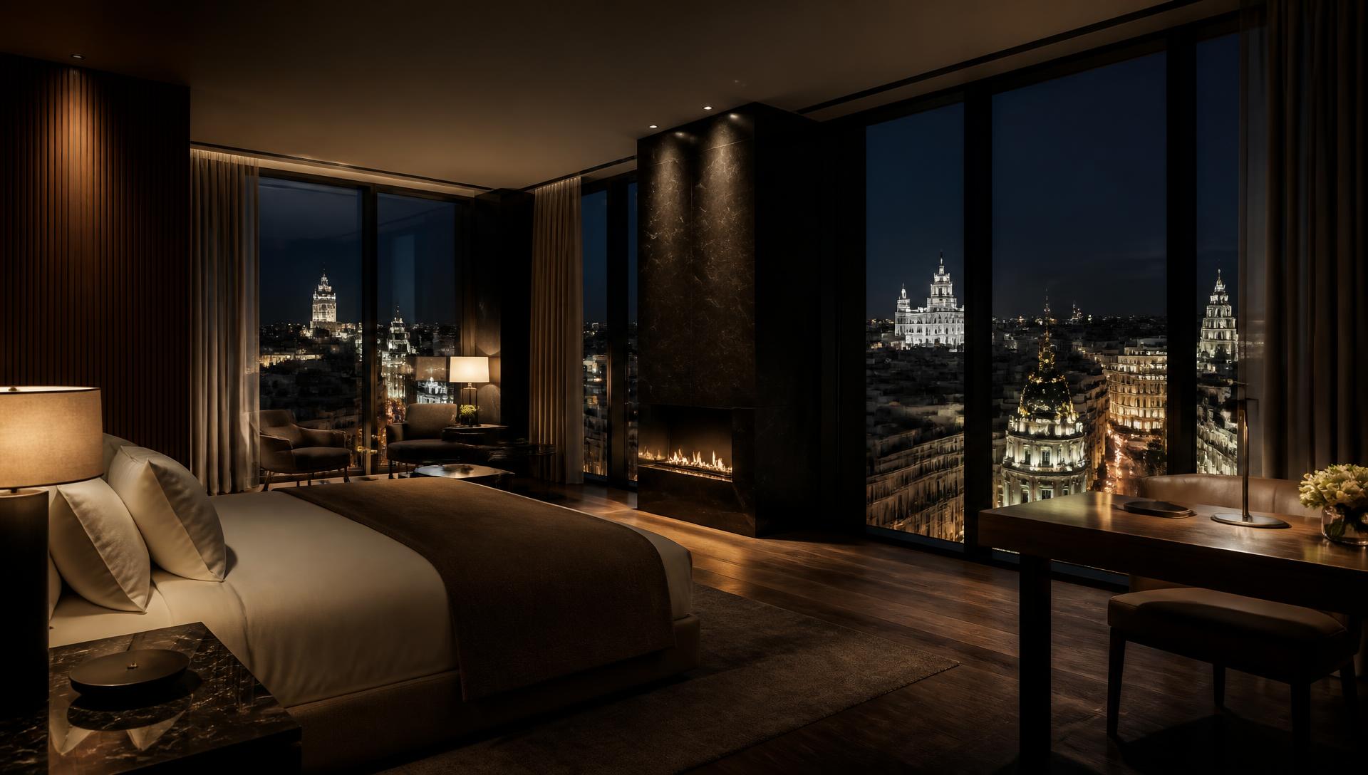 Dark, warmly lit luxury hotel suite with floor-to-ceiling views over Madrid at night
