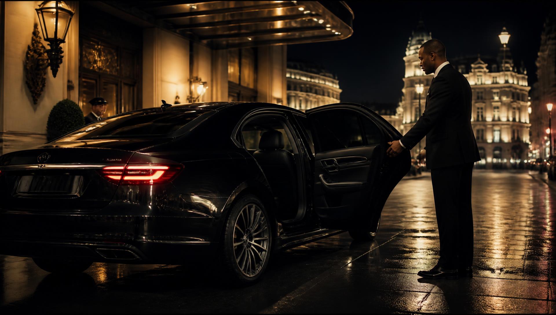 Chauffeur holding open the rear door of a black executive sedan outside a Madrid hotel at night