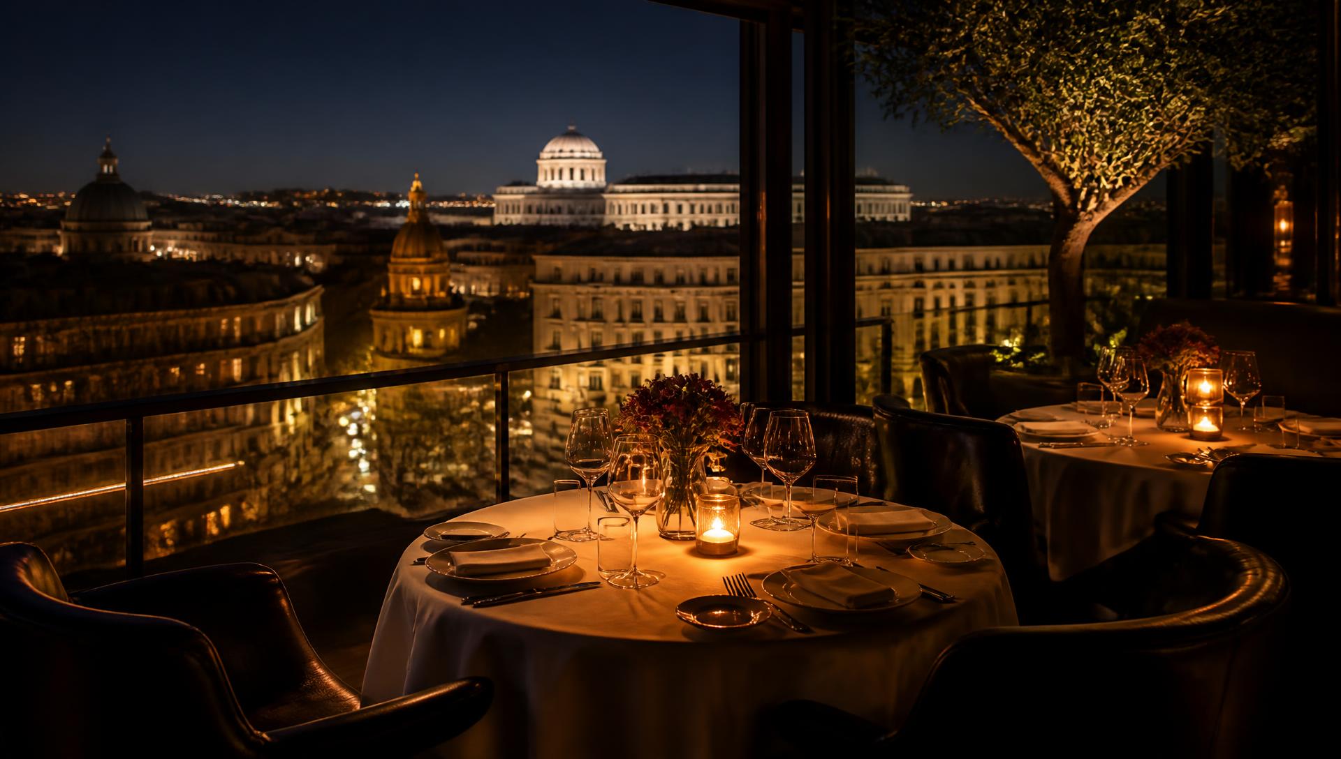 Candlelit rooftop restaurant table above the illuminated Madrid skyline at night