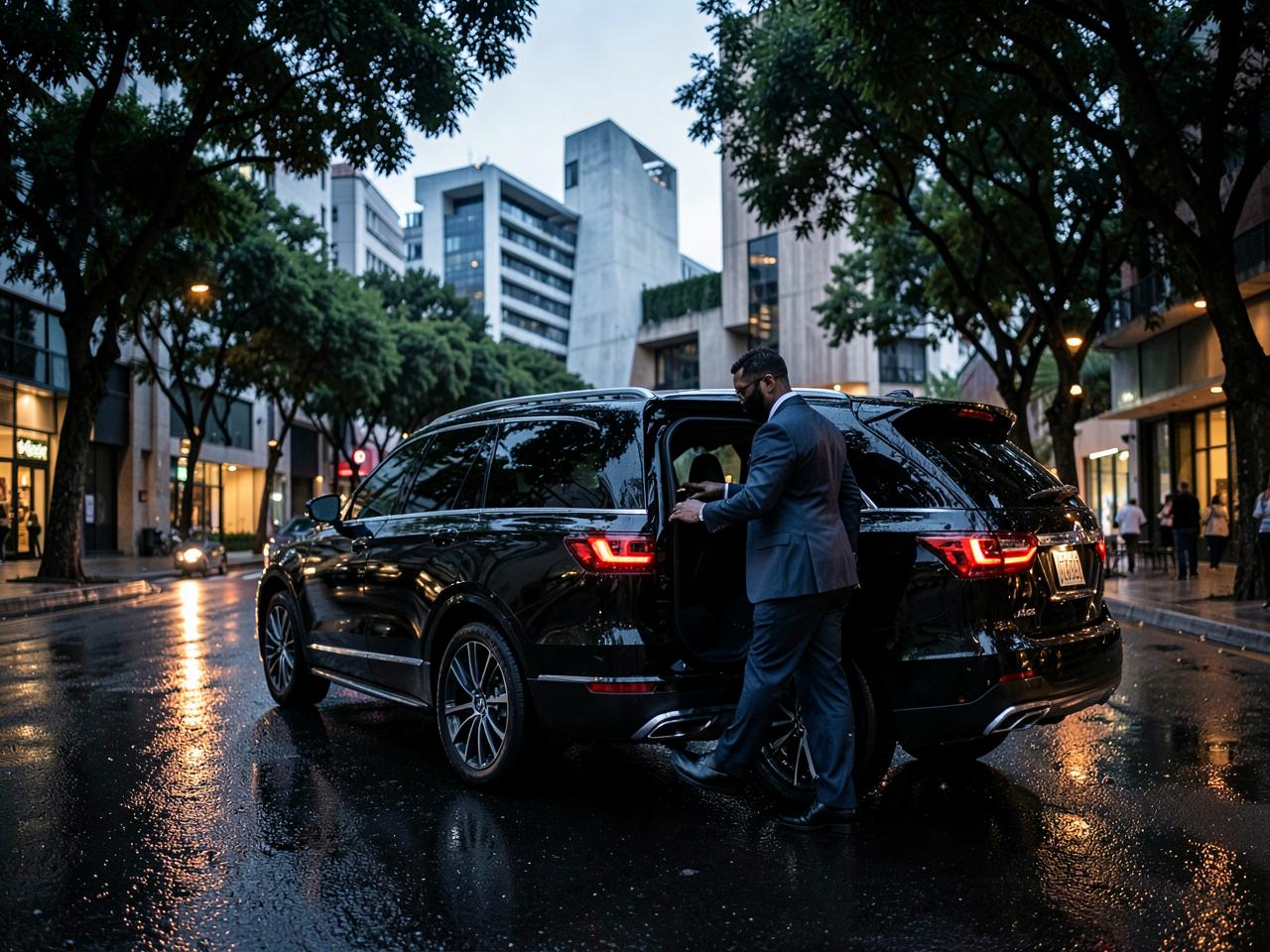 Chauffeur holding open the door of a black luxury SUV on a Mexico City avenue at dusk