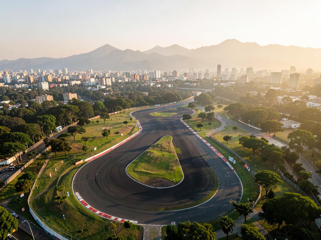 Aerial view of Autódromo Hermanos Rodríguez with the Mexico City skyline beyond