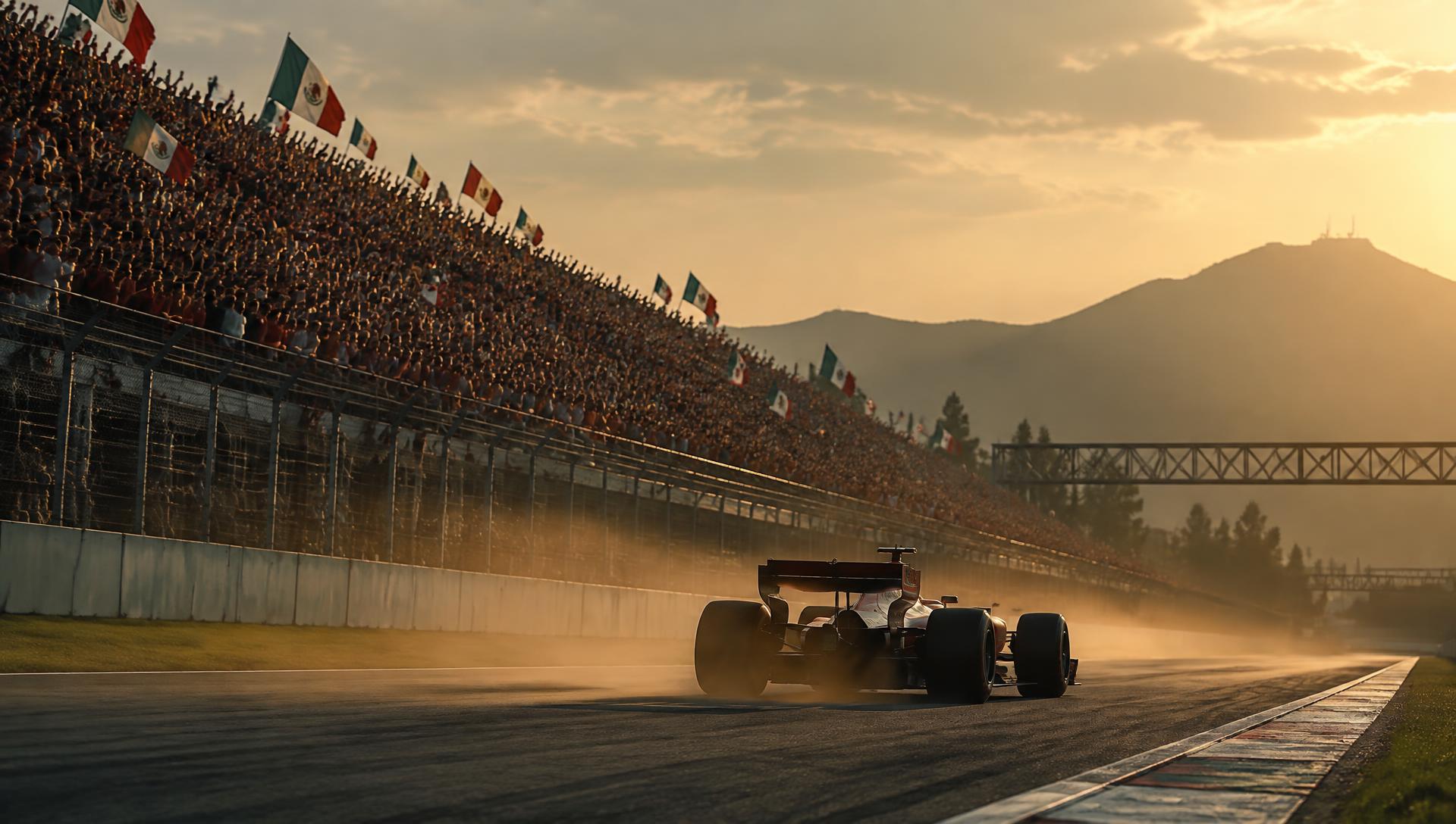Race car passing a packed grandstand at a Mexican circuit in golden late afternoon light