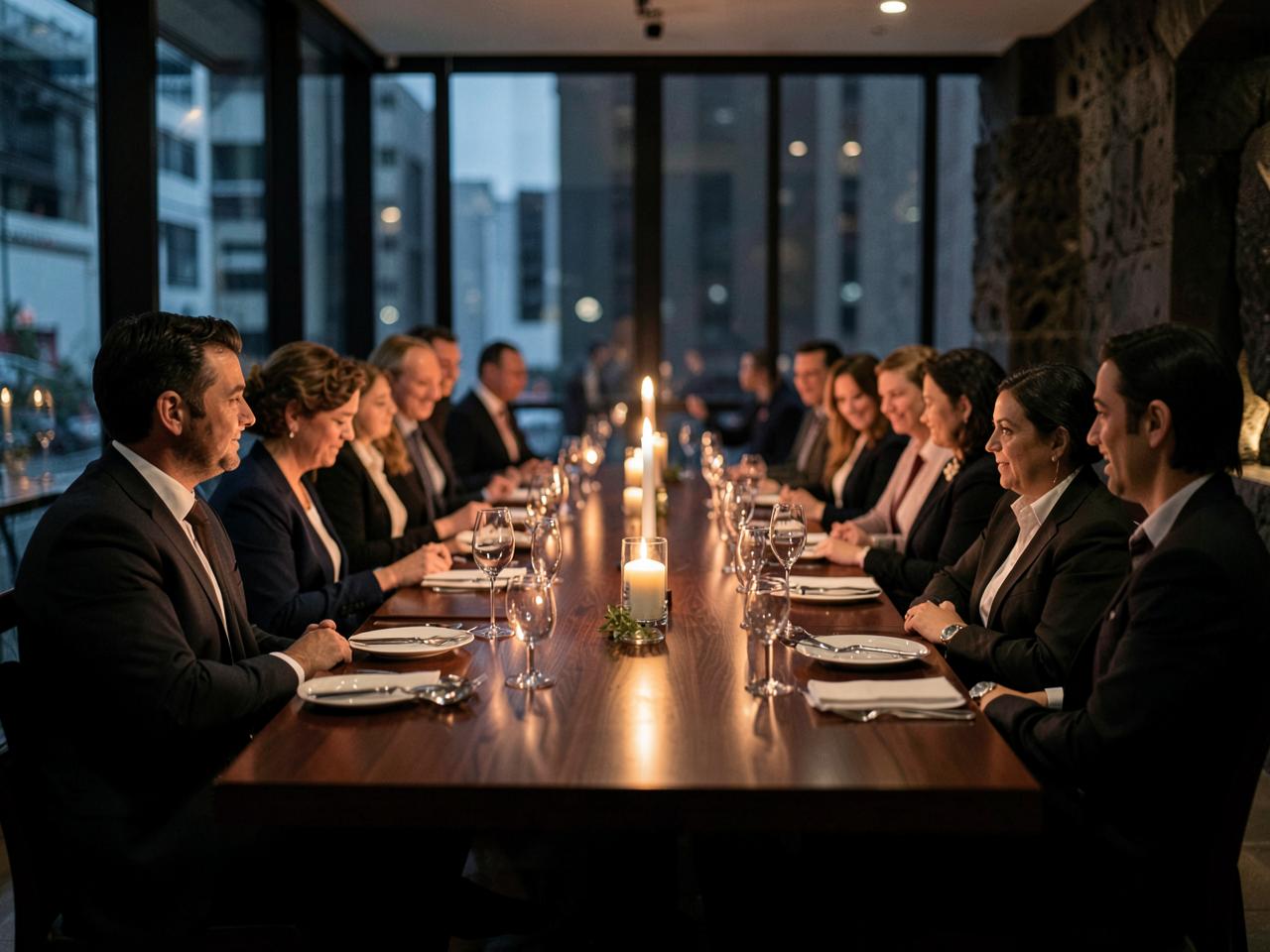 Private corporate dinner at a long candlelit table in a contemporary Mexico City dining room