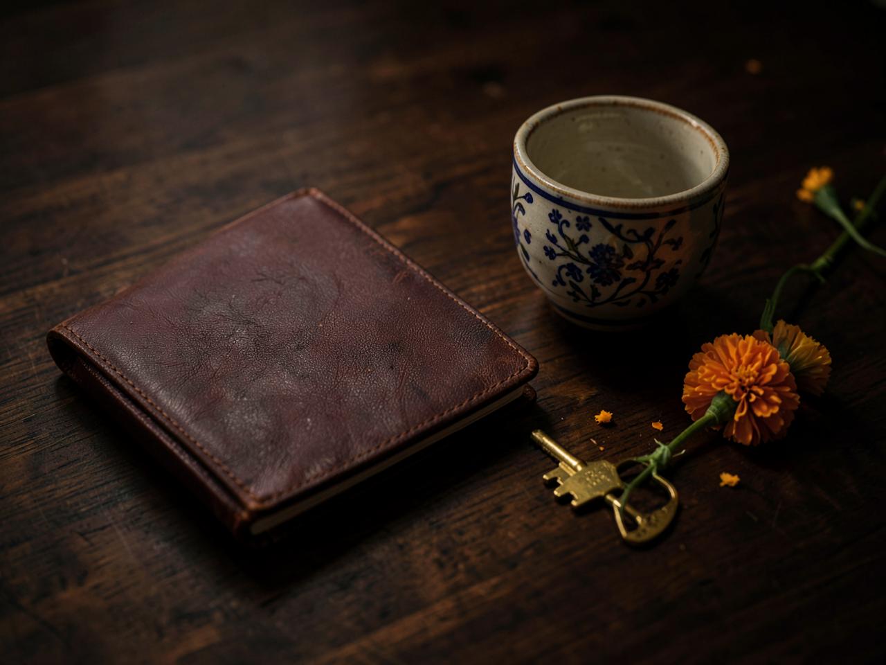 Leather folio, brass hotel key, Mexican ceramic cup and a marigold stem on a dark walnut table