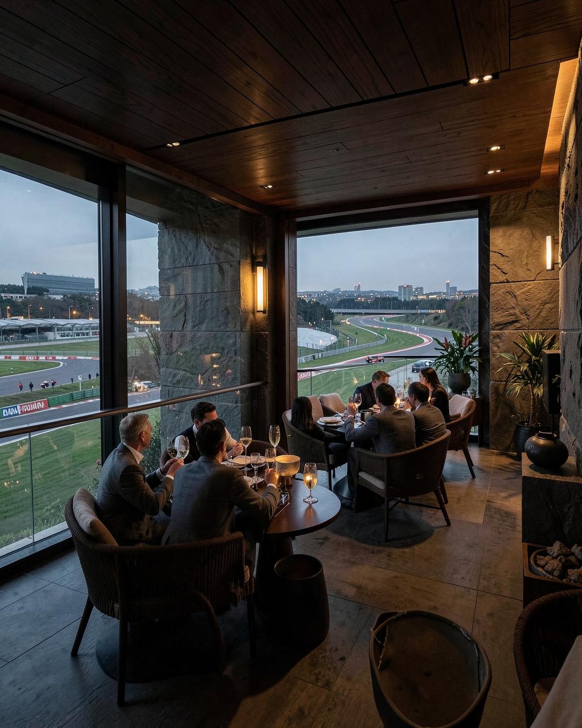 Private hospitality terrace overlooking a Formula 1 circuit with elegant guests and served refreshments