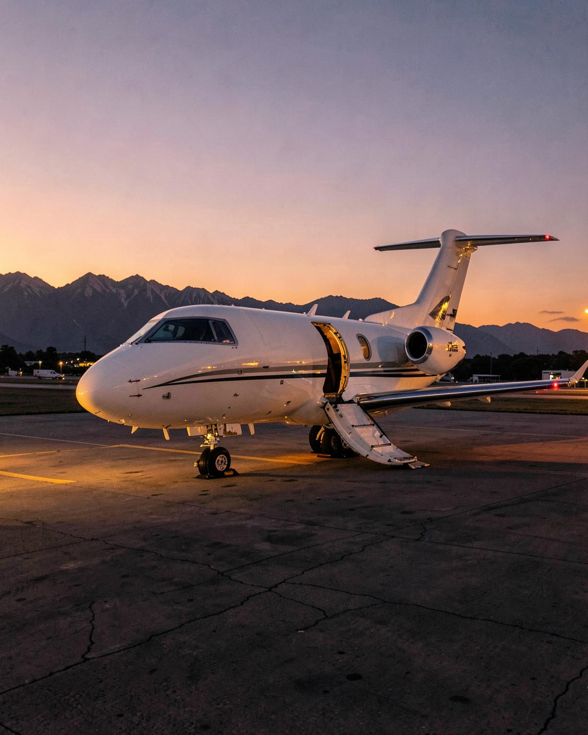 Private jet on the apron at a Mexican business aviation airport at dusk