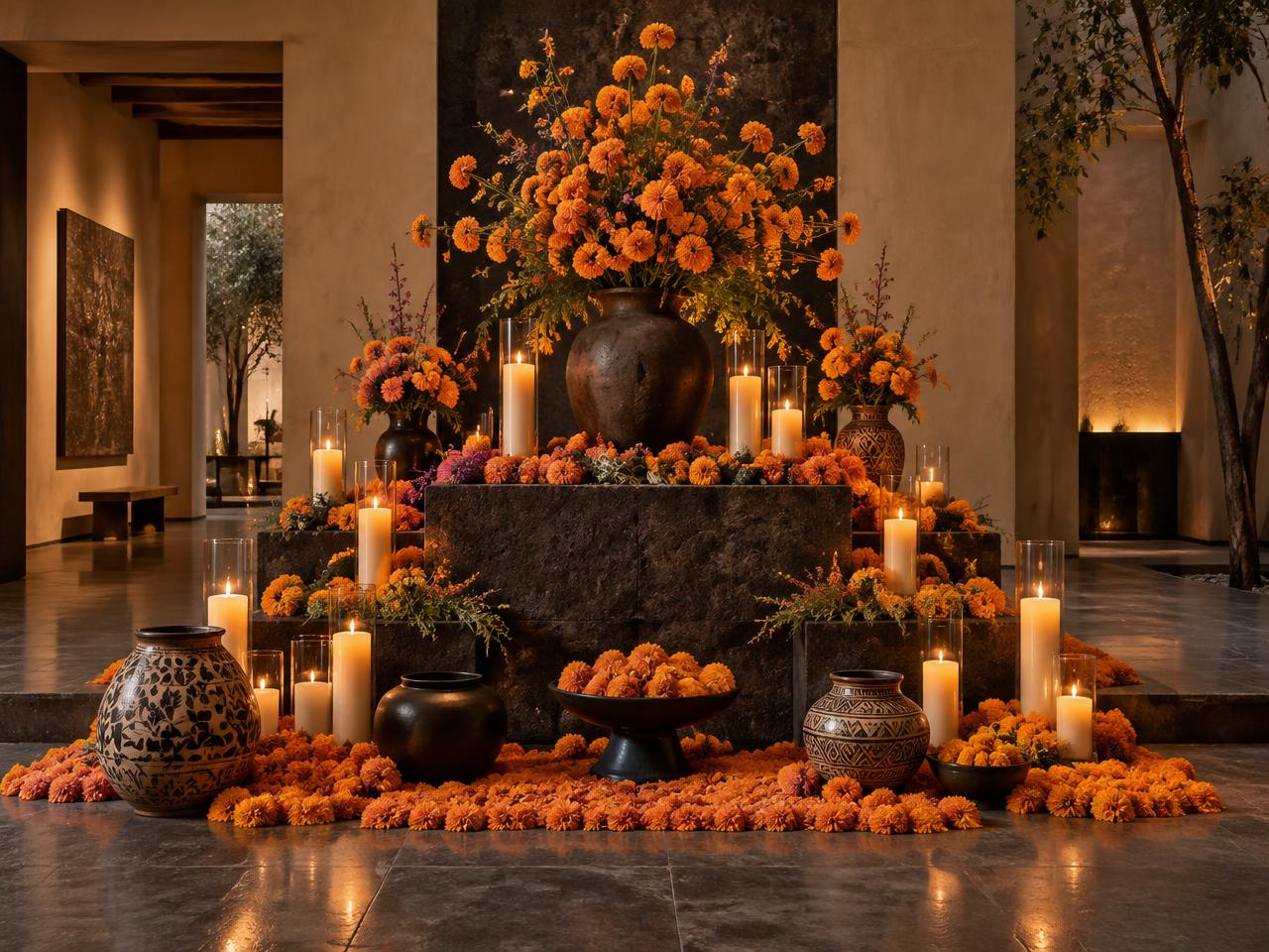 Elegant marigold and candle installation marking Día de Muertos in a contemporary Mexican space