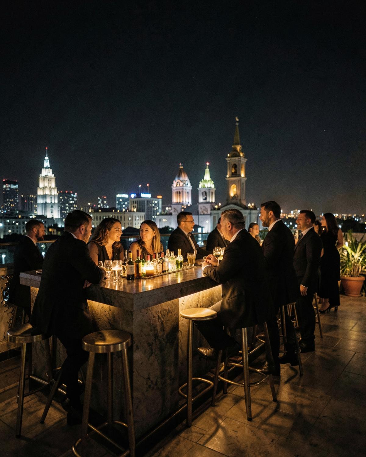 Rooftop cocktail bar in Mexico City at night with illuminated towers beyond