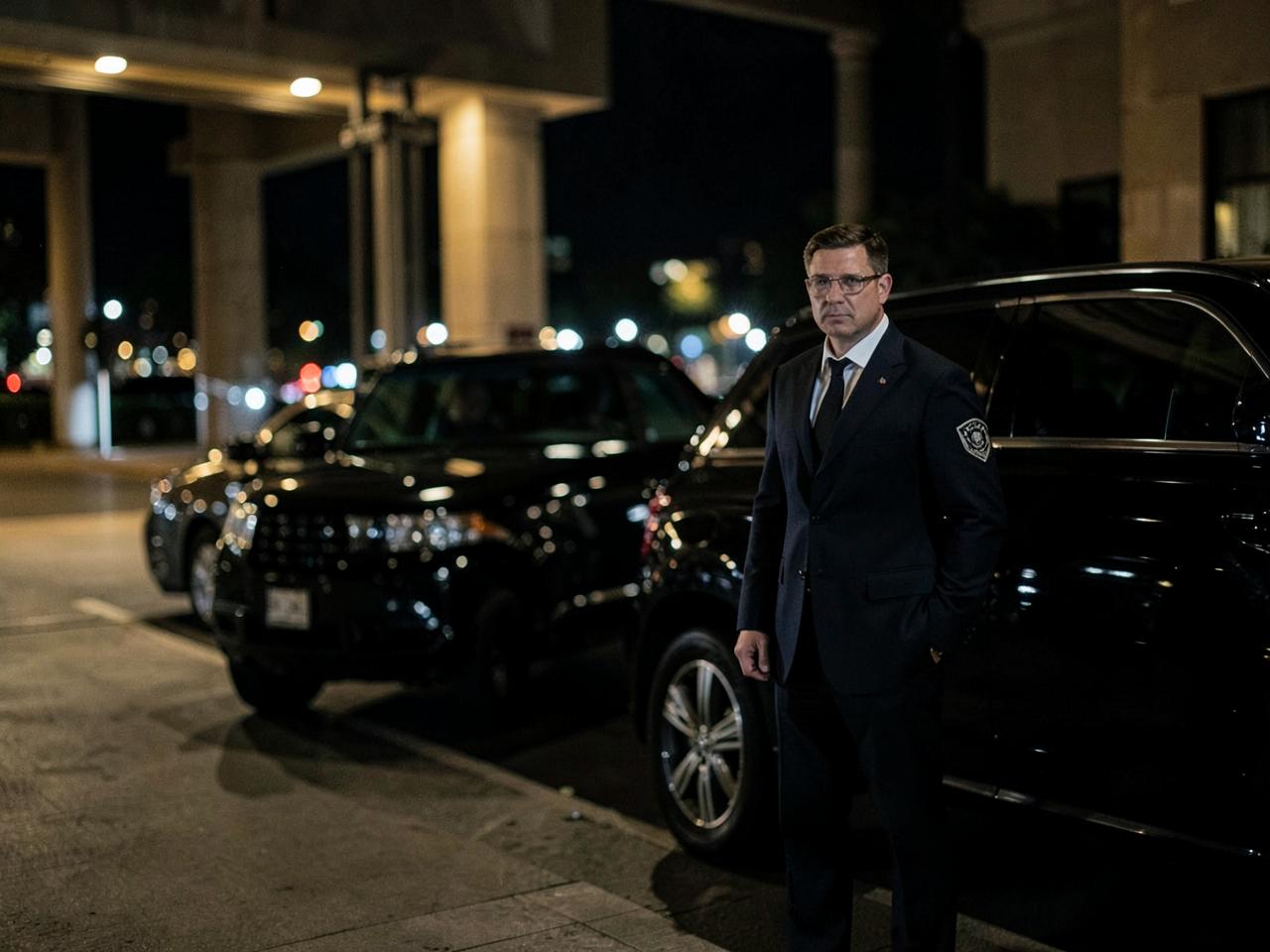 Discreet close protection officer beside a black SUV at a hotel entrance at night