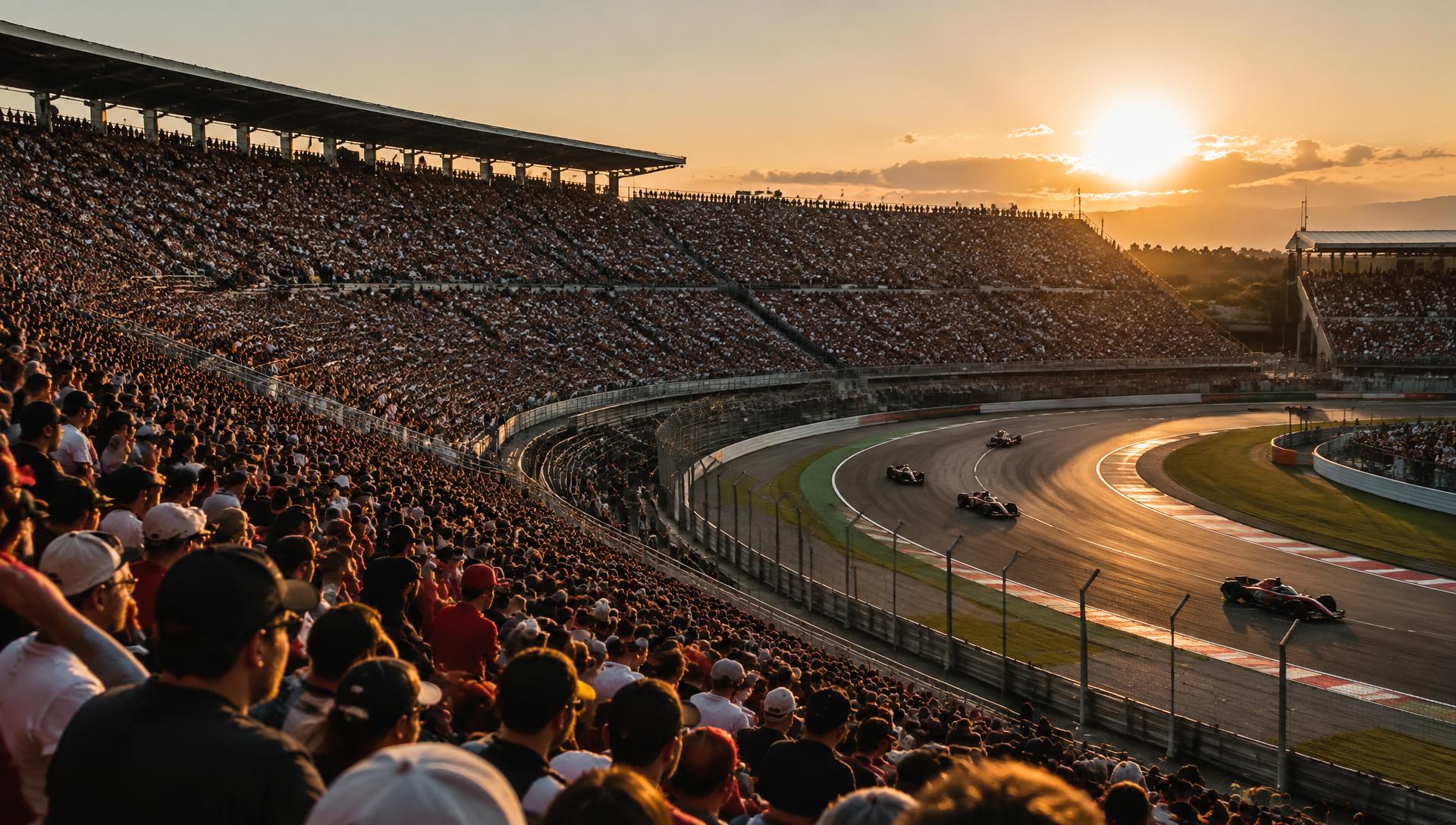Grandstands packed with spectators surrounding the stadium section of the Mexico City circuit