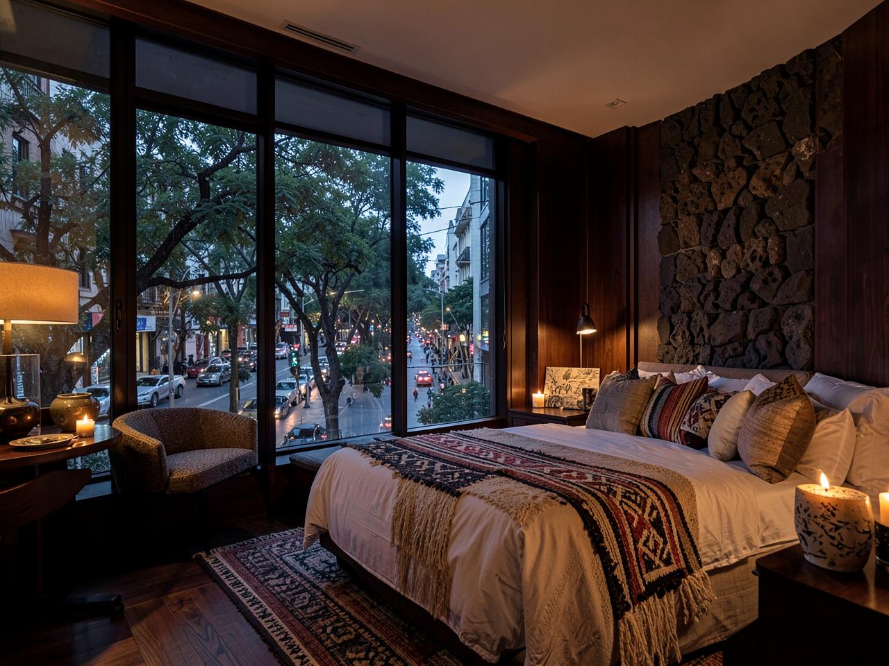 Luxury Mexico City hotel suite with volcanic stone, dark wood and views over a tree-lined avenue at dusk