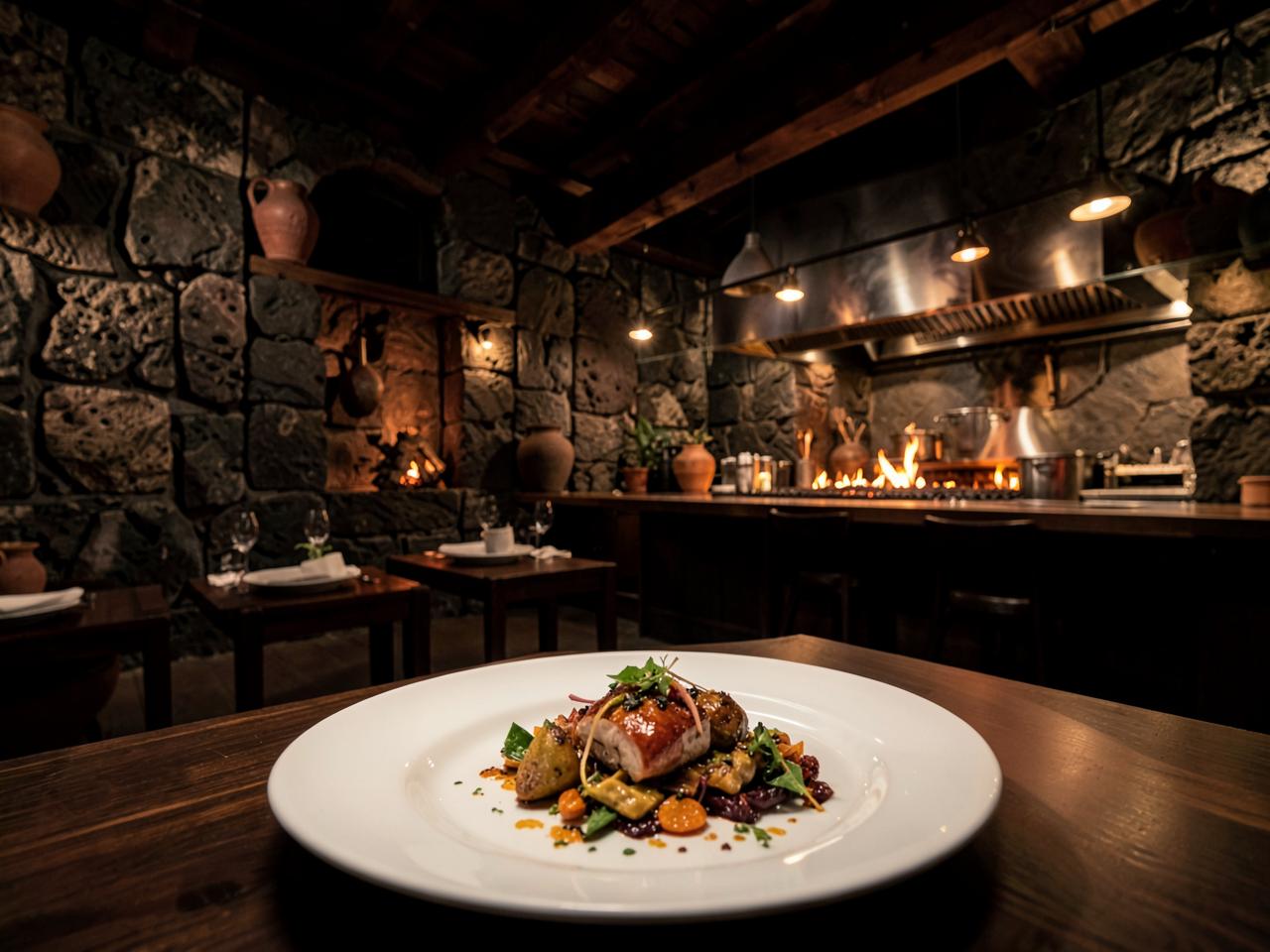 Contemporary Mexican fine dining room with an open wood-fire kitchen and a plated tasting menu dish