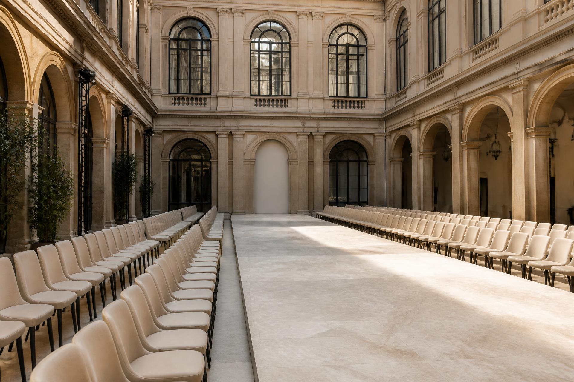 Rows of empty cream chairs beside a pale stone runway in a Milanese palazzo courtyard before a presentation