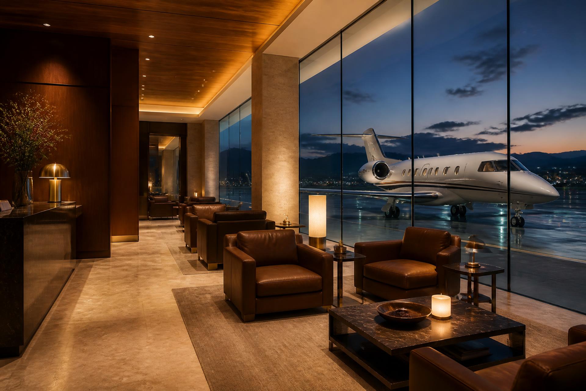 Warm private aviation lounge in Italy at dusk with a business jet on the apron beyond floor-to-ceiling glass