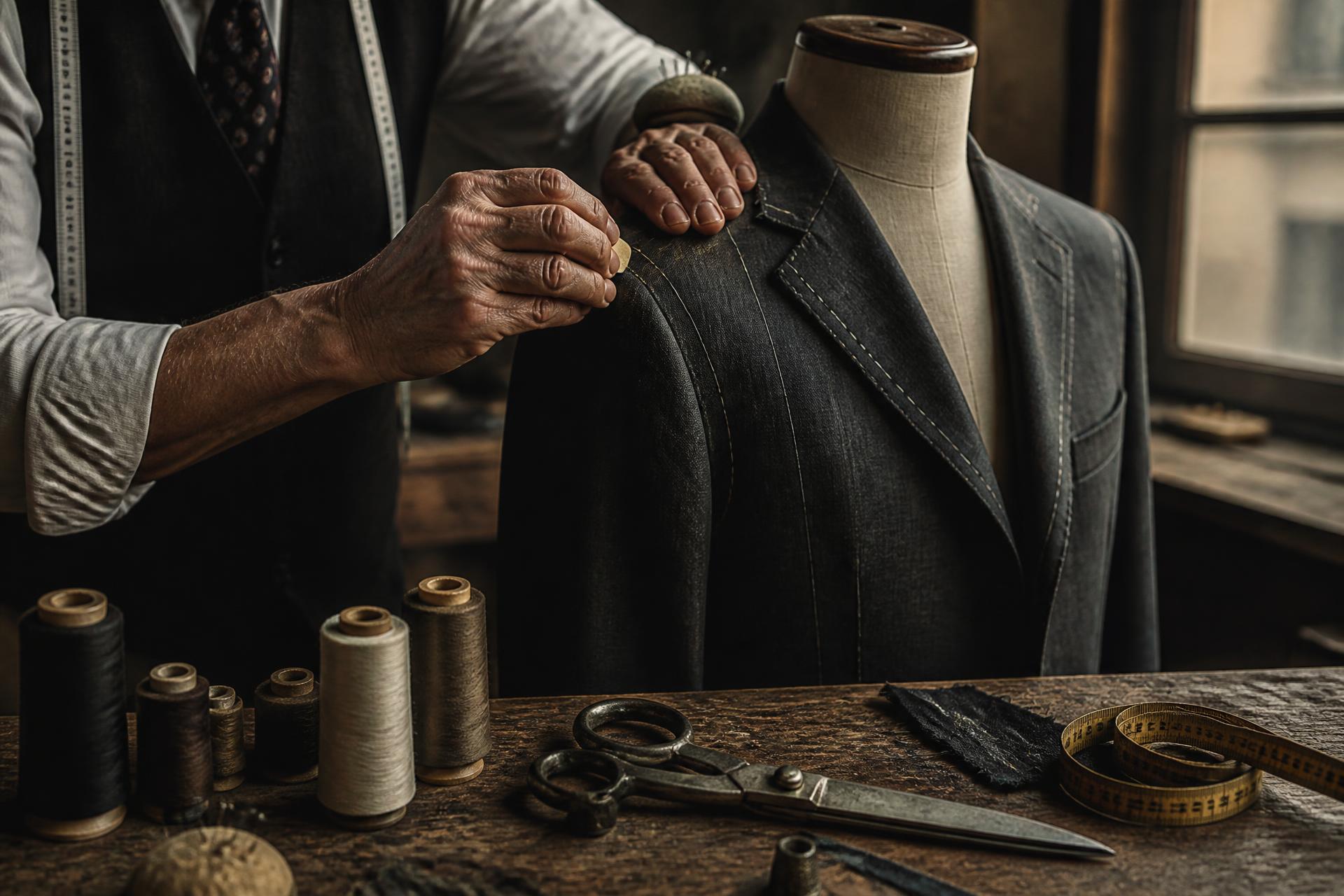 Italian master tailor chalking and pinning the shoulder of a charcoal wool jacket in an atelier