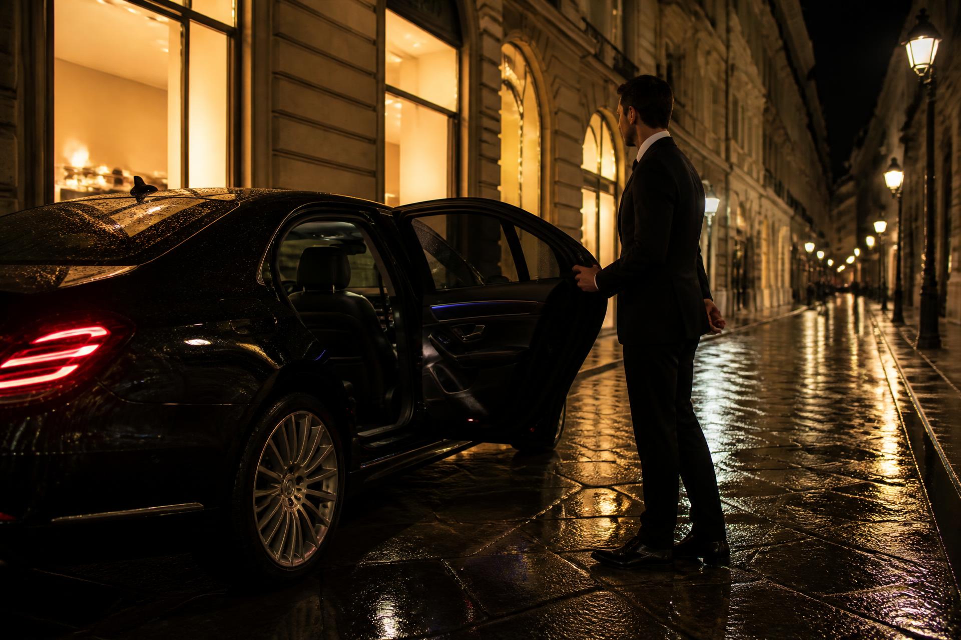 Chauffeur holding open the rear door of a black saloon on a wet Milanese street at night