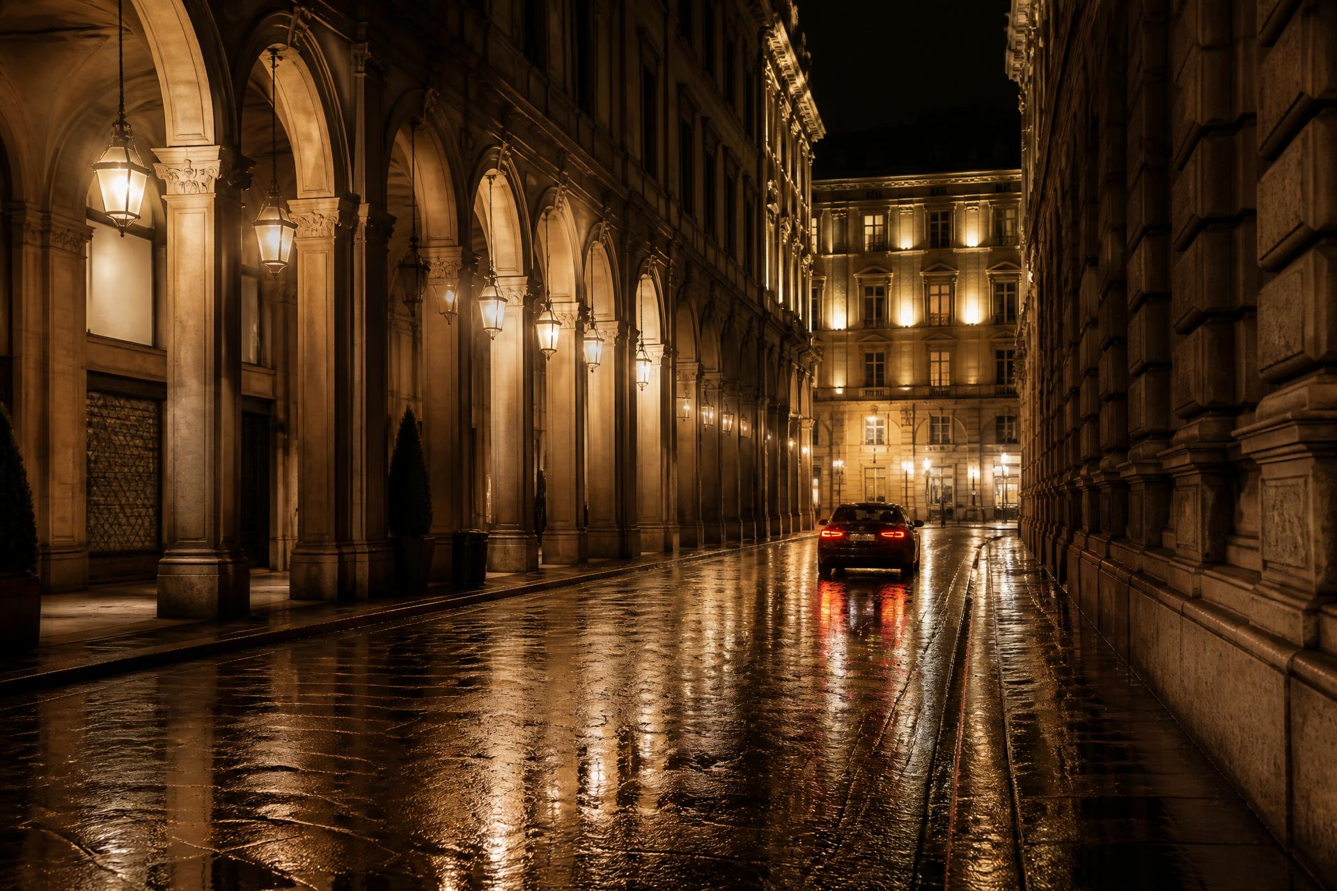 Arcaded Milanese street at night after rain with warm lantern light and a black car in the distance