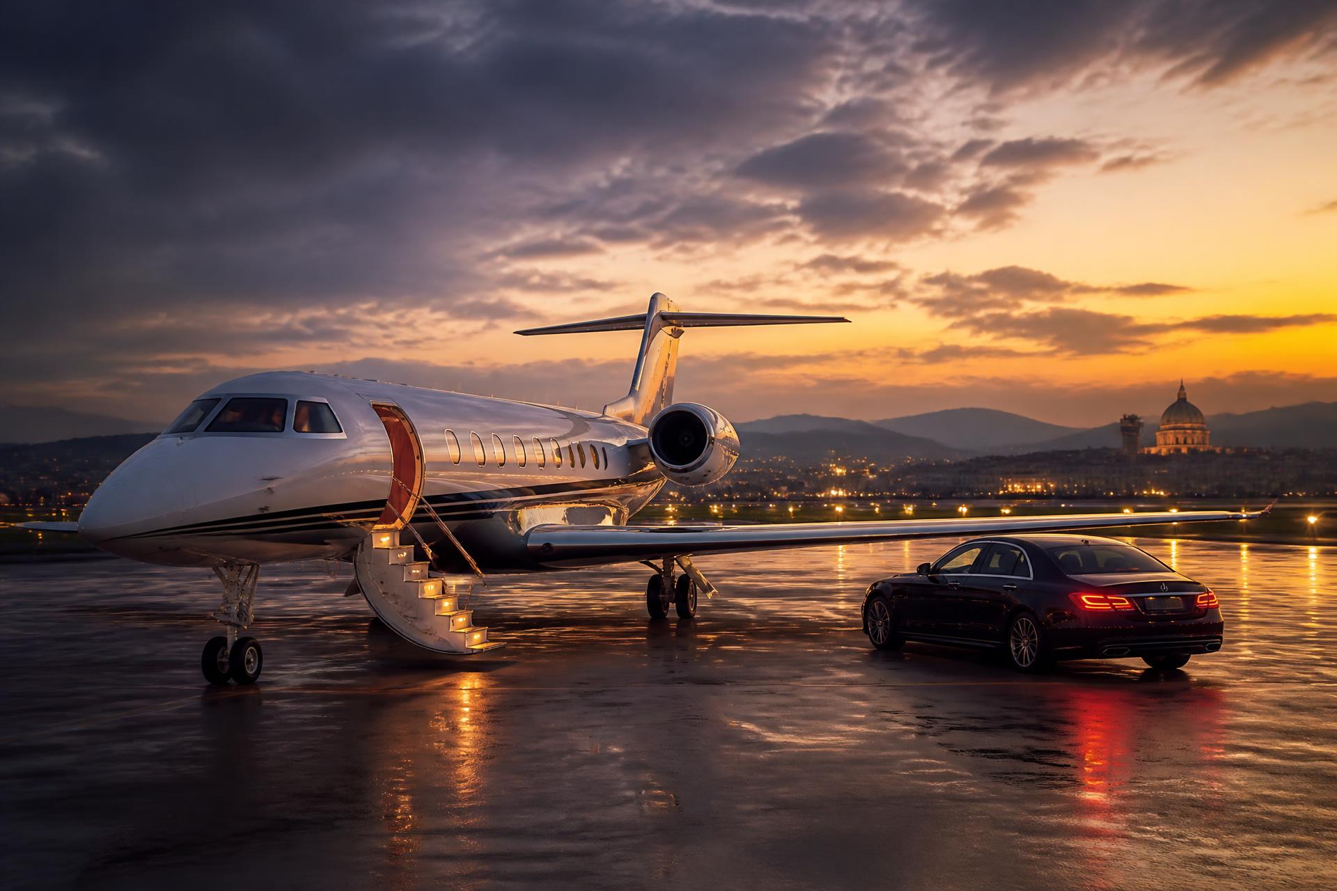 Private jet with airstairs down and a black car waiting on an Italian airport apron at dusk