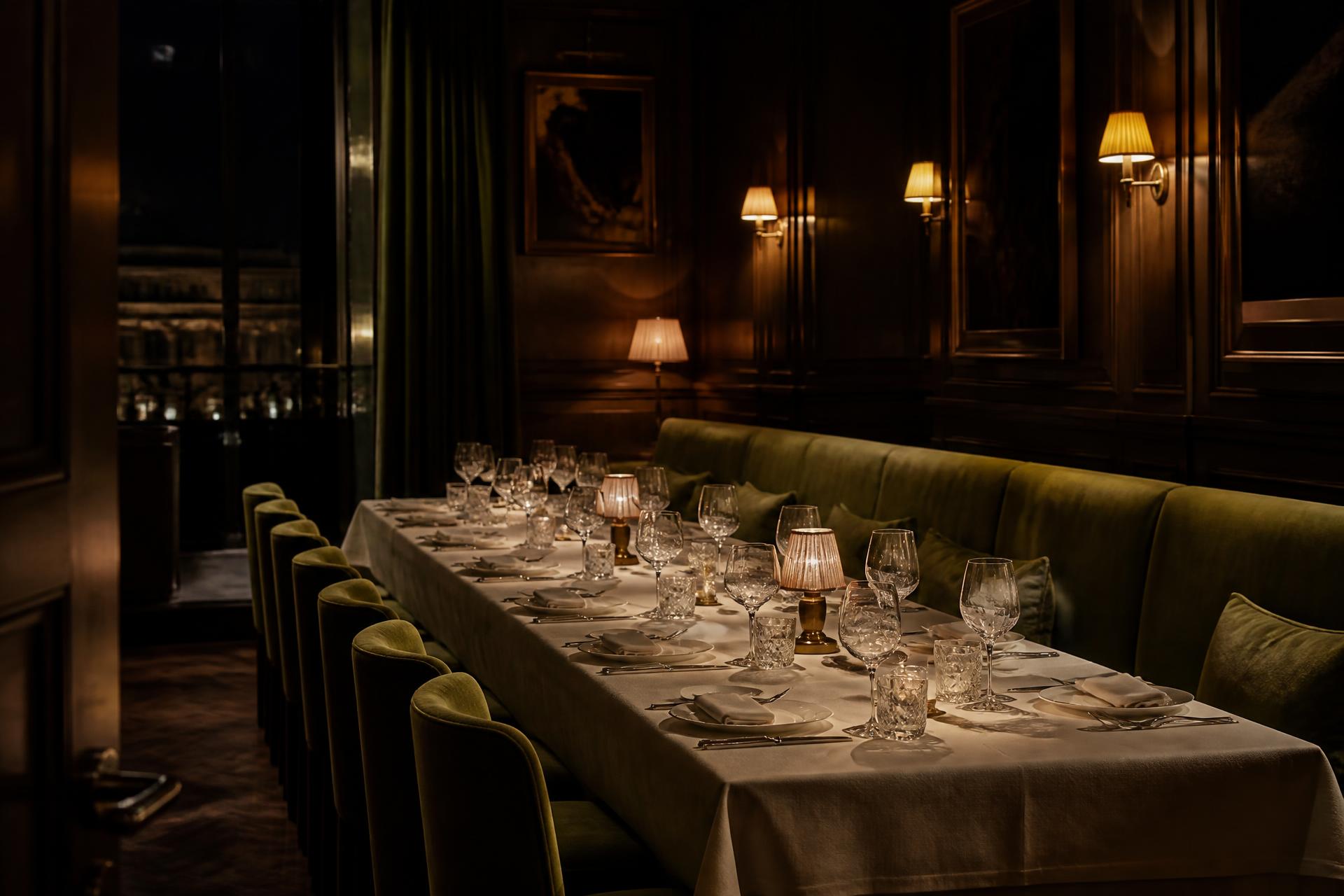 Milanese private dining room at night with espresso panelling, olive velvet banquettes and low lamplight