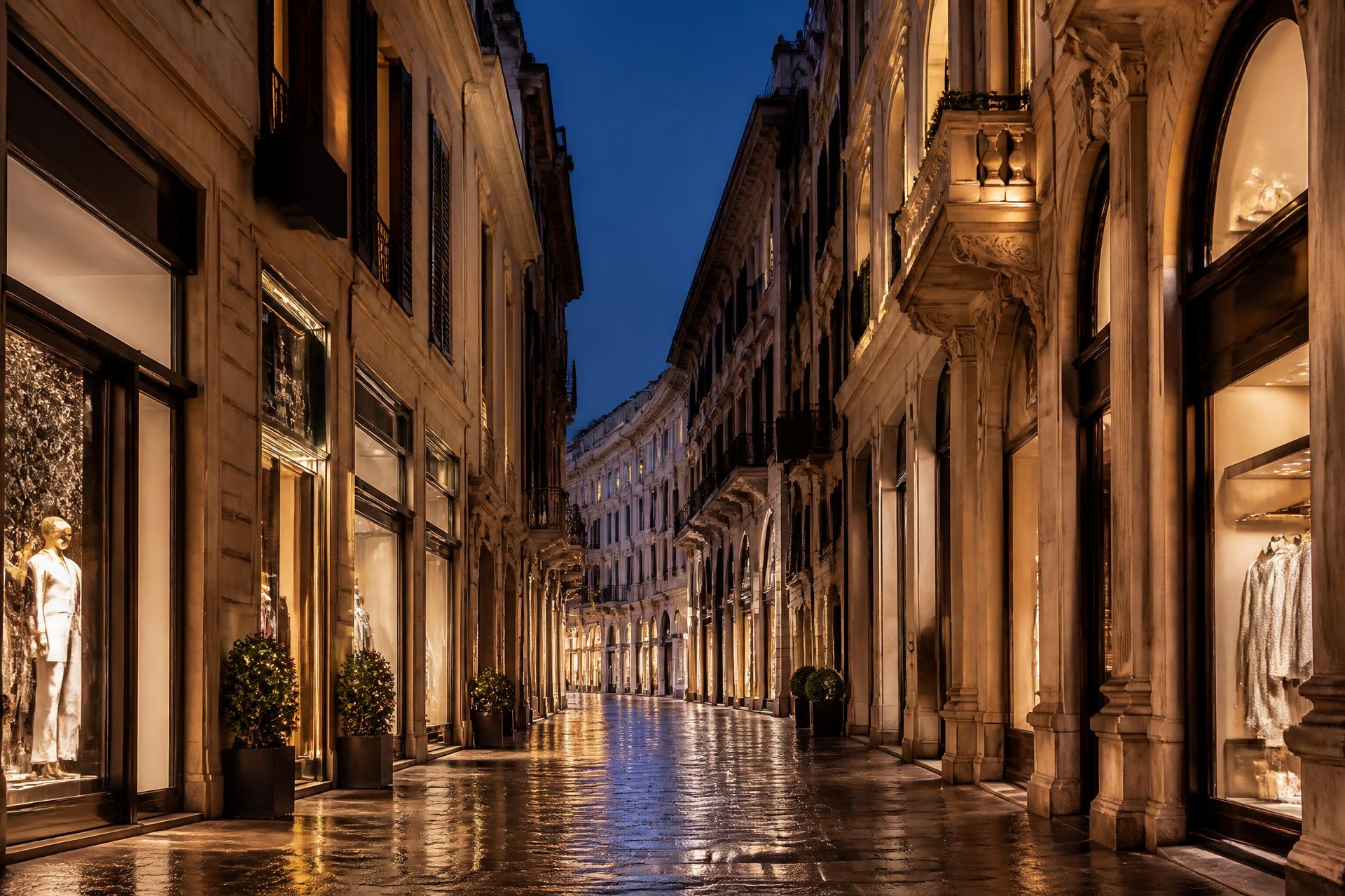Elegant Milanese luxury shopping street at blue hour with lit boutique windows and glossy stone paving