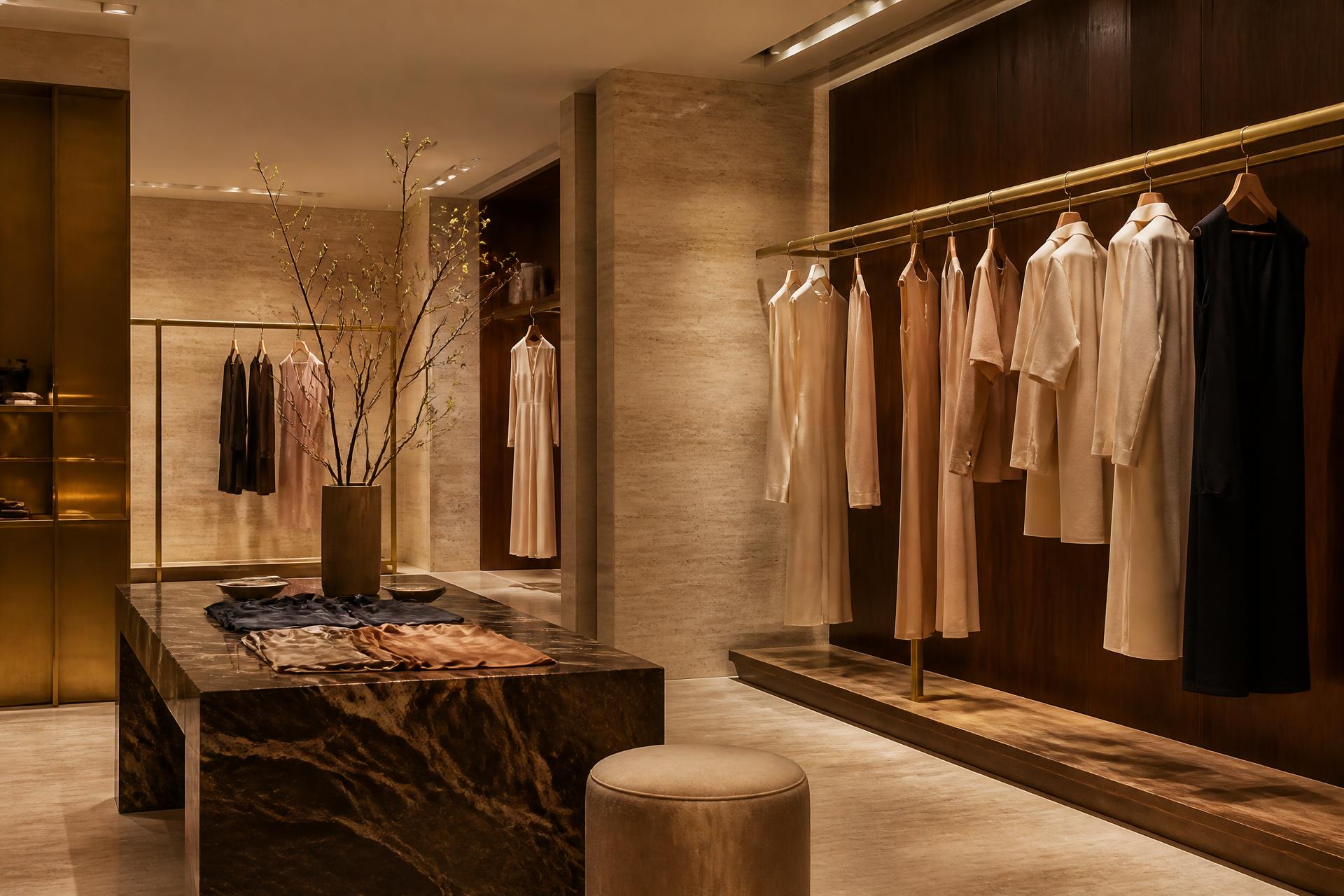 Warm travertine and walnut Milanese boutique interior with tailored garments on brass rails