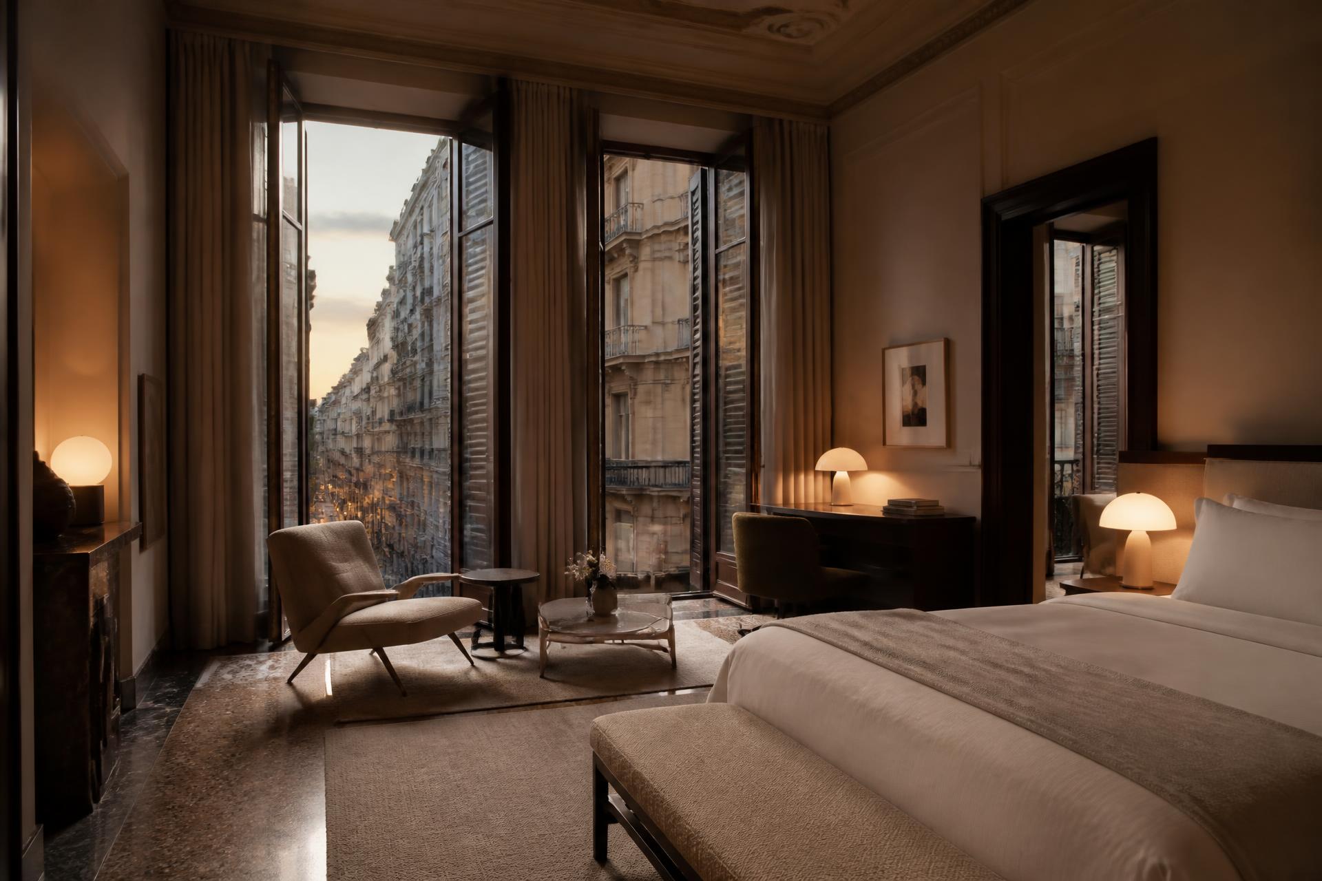 Warm Milanese hotel suite at dusk with tall shuttered windows over a quiet historic street