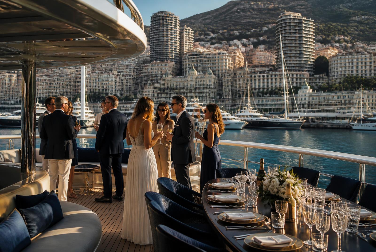 Guests on a superyacht deck moored in Monaco with the Monte-Carlo skyline behind