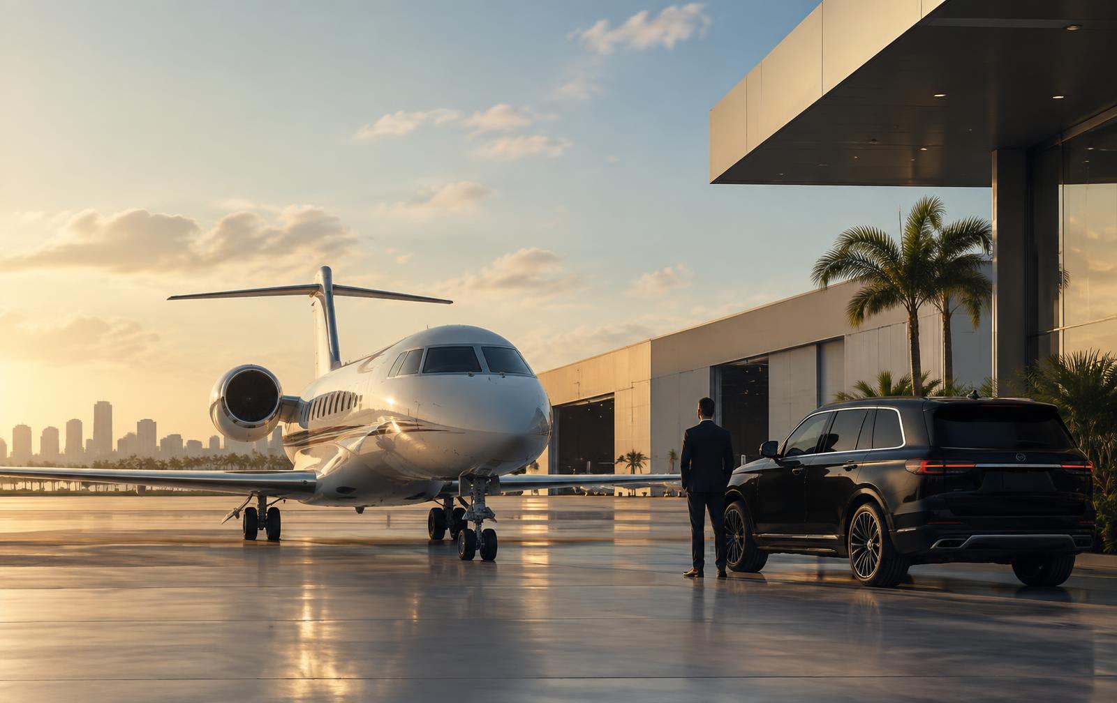 Private jet and vehicle at a South Florida business aviation terminal