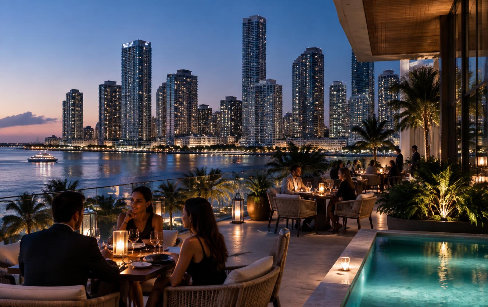 Miami waterfront dining and skyline after dark