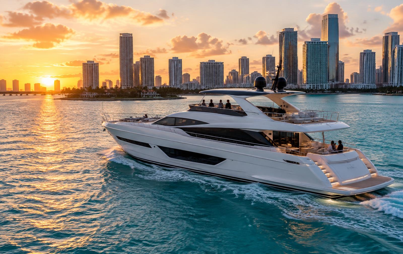 Private yacht cruising Biscayne Bay at sunset