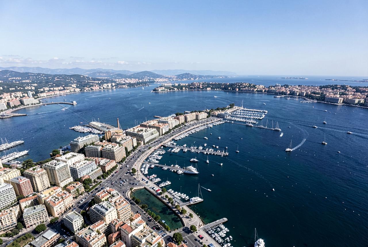 Aerial view of the bay of Cannes showing the curving Croisette seafront, marina and Mediterranean